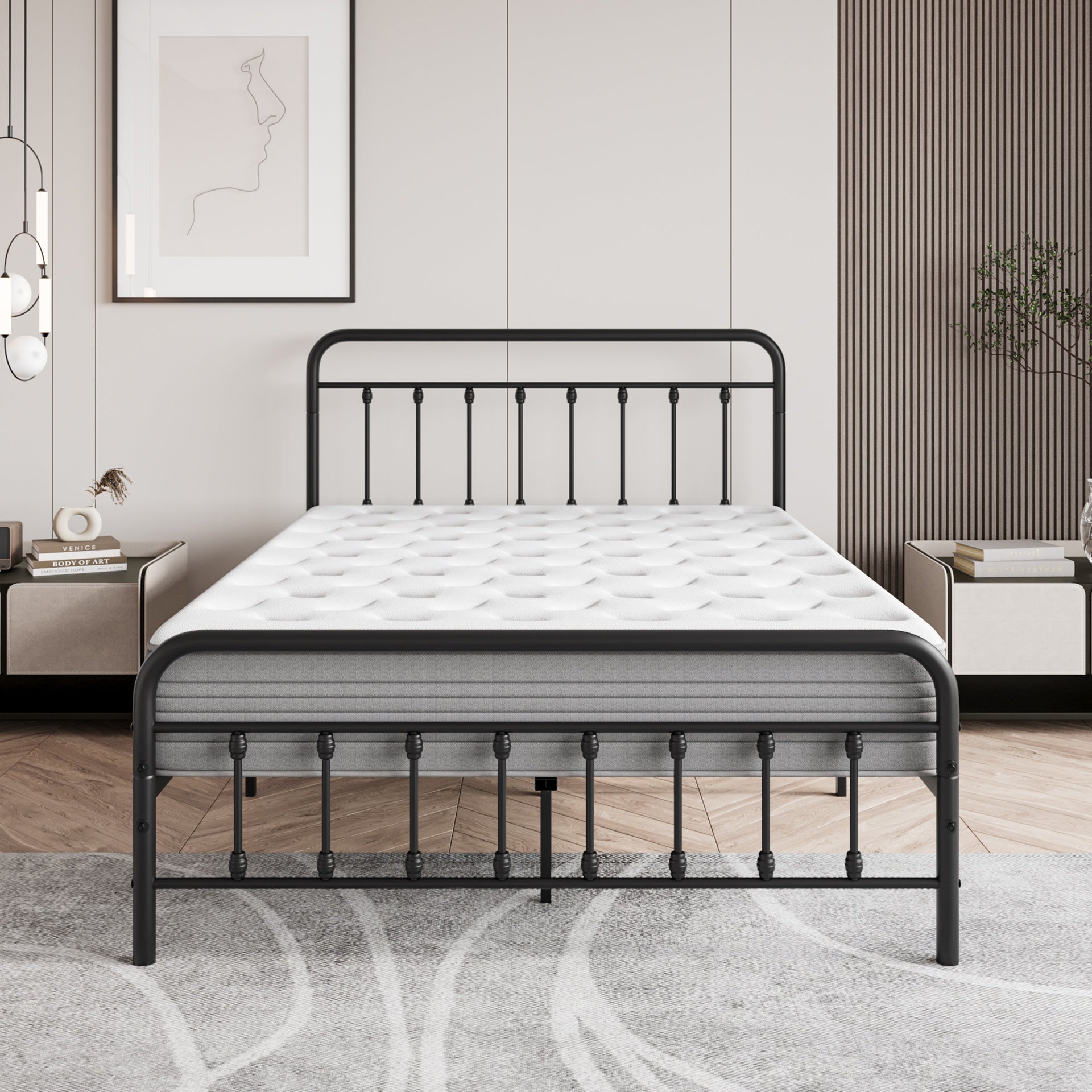 Metal Platform Bed Frame, Victorian Style Headboard/Footboard/Under Bed Storage/No Box Spring Needed/Full Size Black