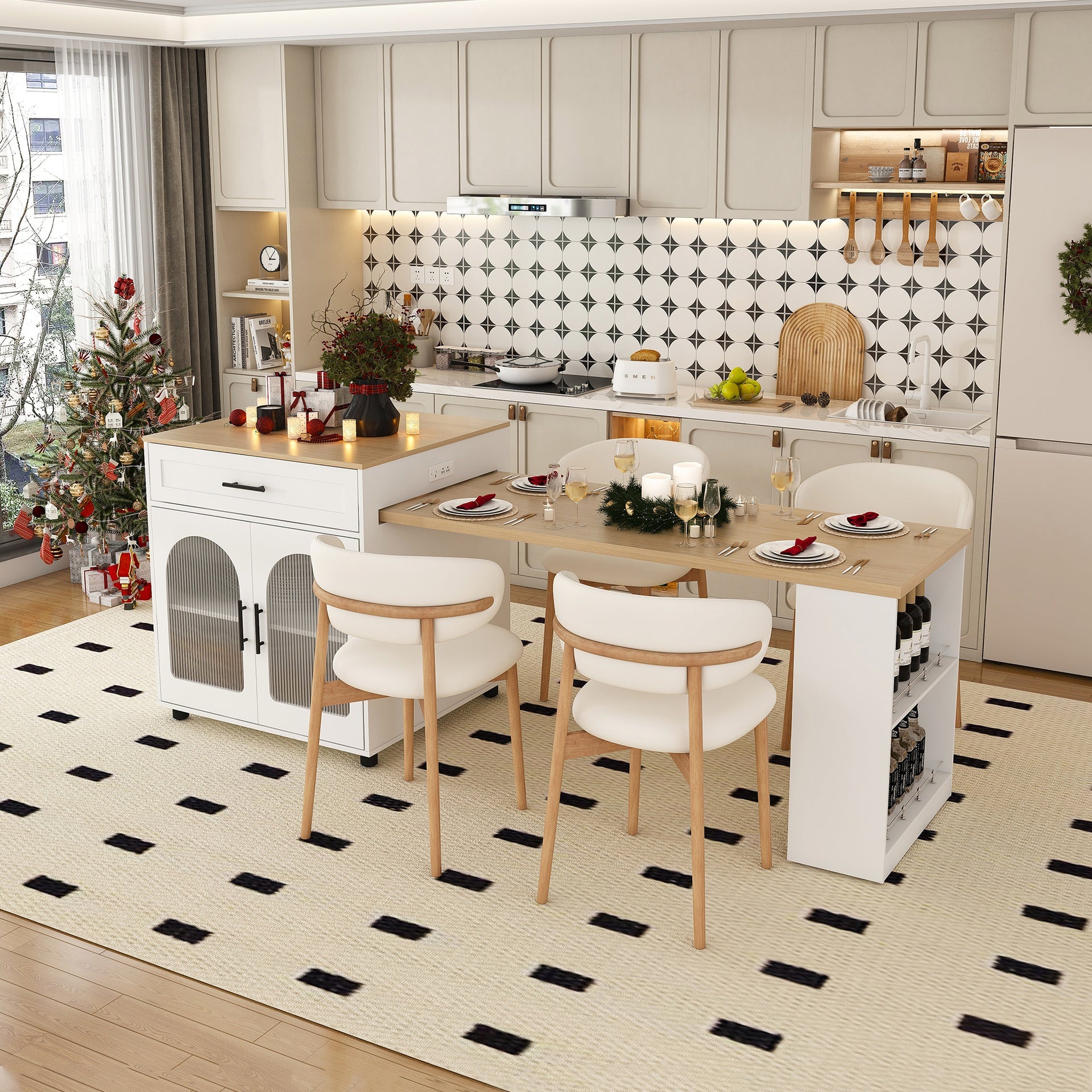 80-inch Expandable Kitchen Island with Dining Table, Solid Wood Grain Countertop with Power Outlet, Mobile Storage Cart with Cabinet & 2 Drawers, Kitchen Prep Table(White)