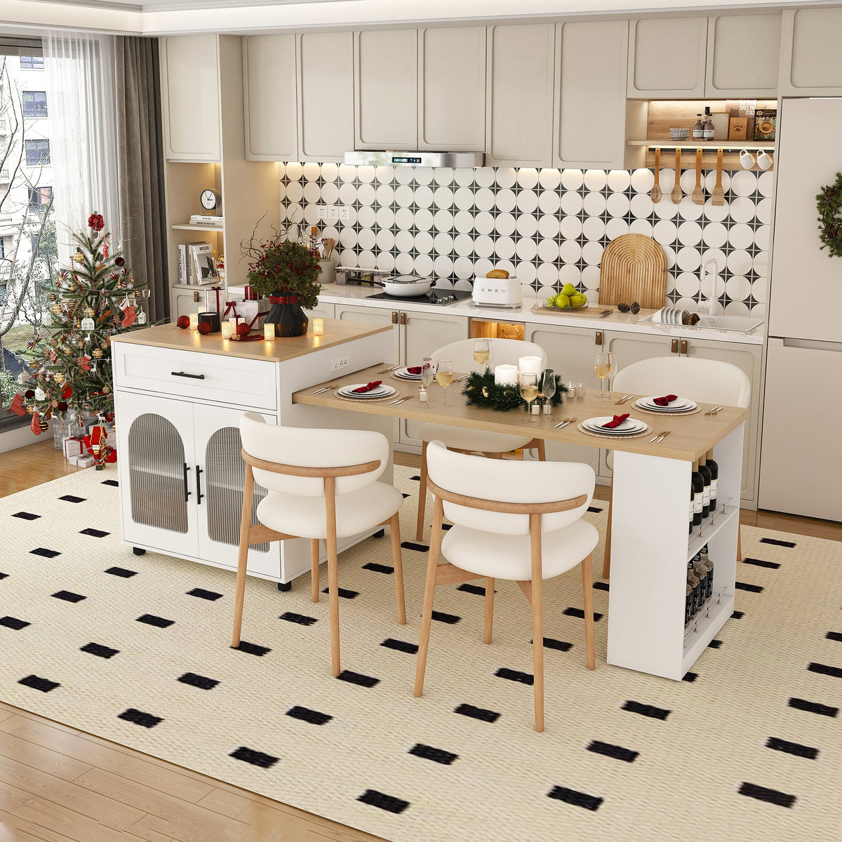 80-inch Expandable Kitchen Island with Dining Table, Solid Wood Grain Countertop with Power Outlet, Mobile Storage Cart with Cabinet & 2 Drawers, Kitchen Prep Table(White)