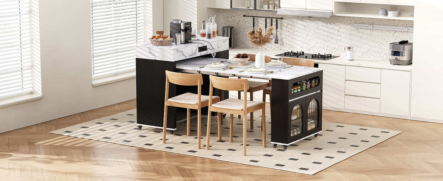 TREXM Extendable Dining Table with Extra-Long Folding Top, Rolling Kitchen Island with Drawers, Power Outlet and Brake lock, Storage Cabinet for Kitchen and Dining Room (Black + Marble White)