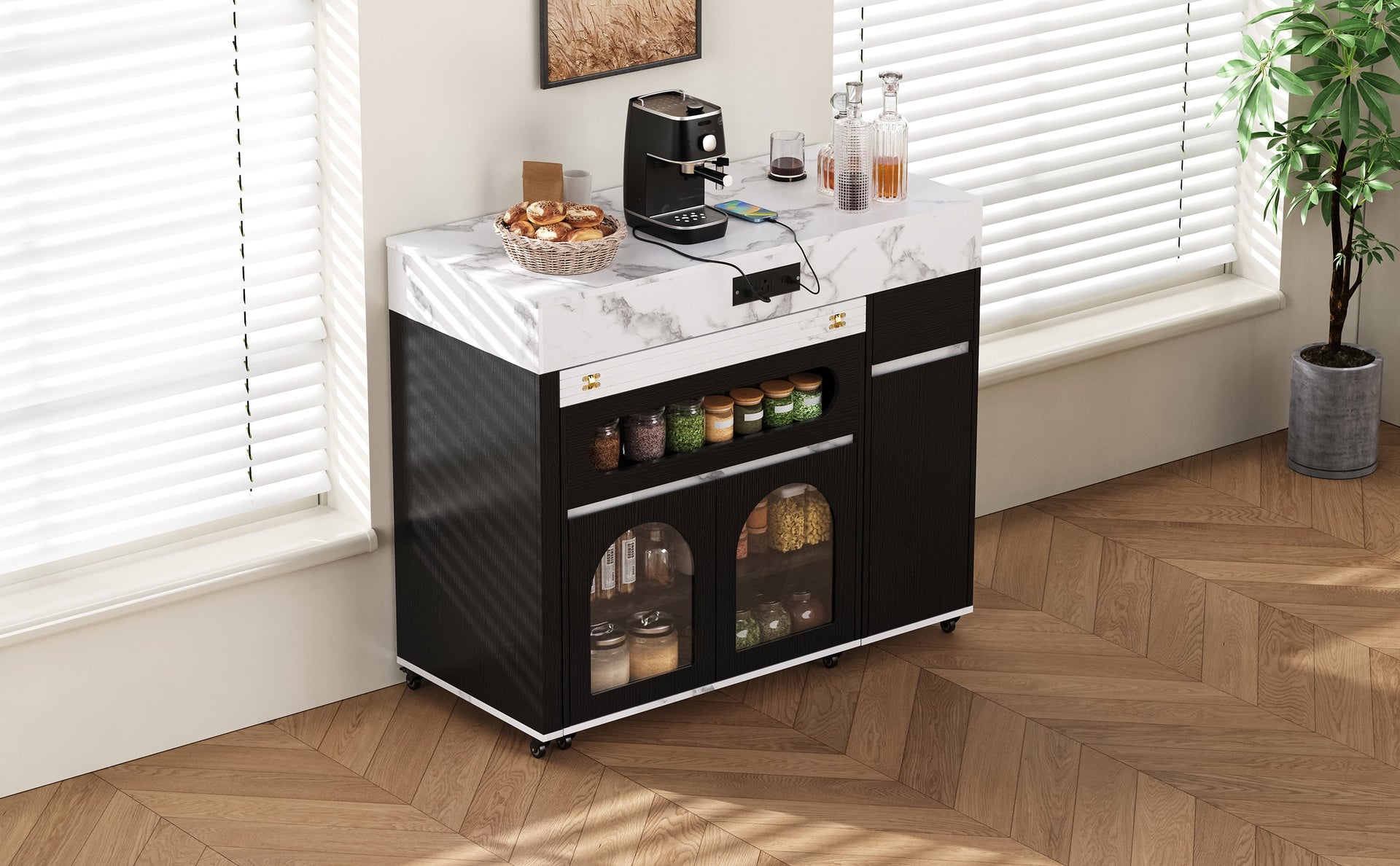 TREXM Extendable Dining Table with Extra-Long Folding Top, Rolling Kitchen Island with Drawers, Power Outlet and Brake lock, Storage Cabinet for Kitchen and Dining Room (Black + Marble White)