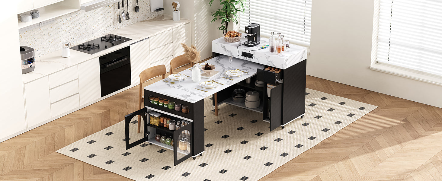 TREXM Extendable Dining Table with Extra-Long Folding Top, Rolling Kitchen Island with Drawers, Power Outlet and Brake lock, Storage Cabinet for Kitchen and Dining Room (Black + Marble White)