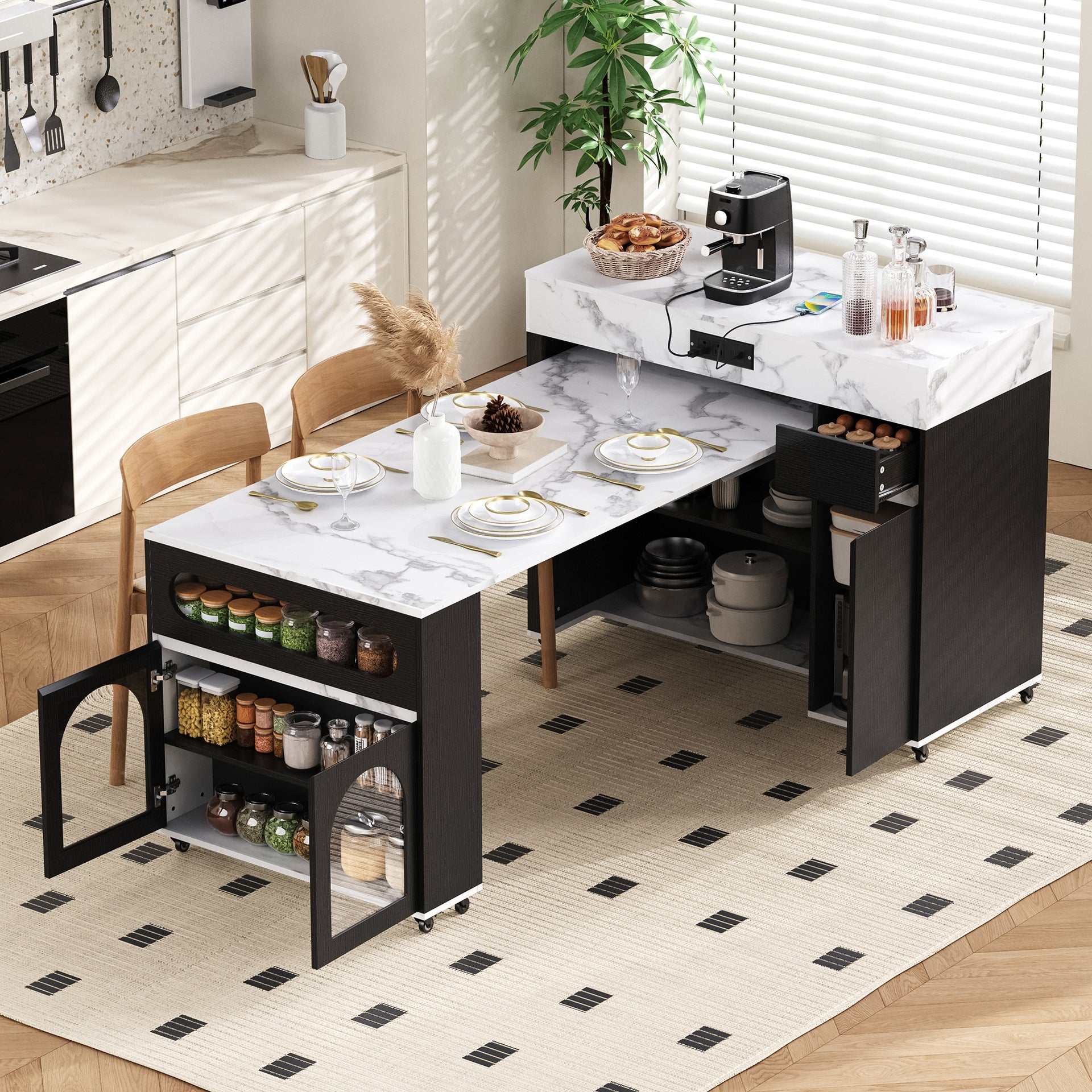 TREXM Extendable Dining Table with Extra-Long Folding Top, Rolling Kitchen Island with Drawers, Power Outlet and Brake lock, Storage Cabinet for Kitchen and Dining Room (Black + Marble White)