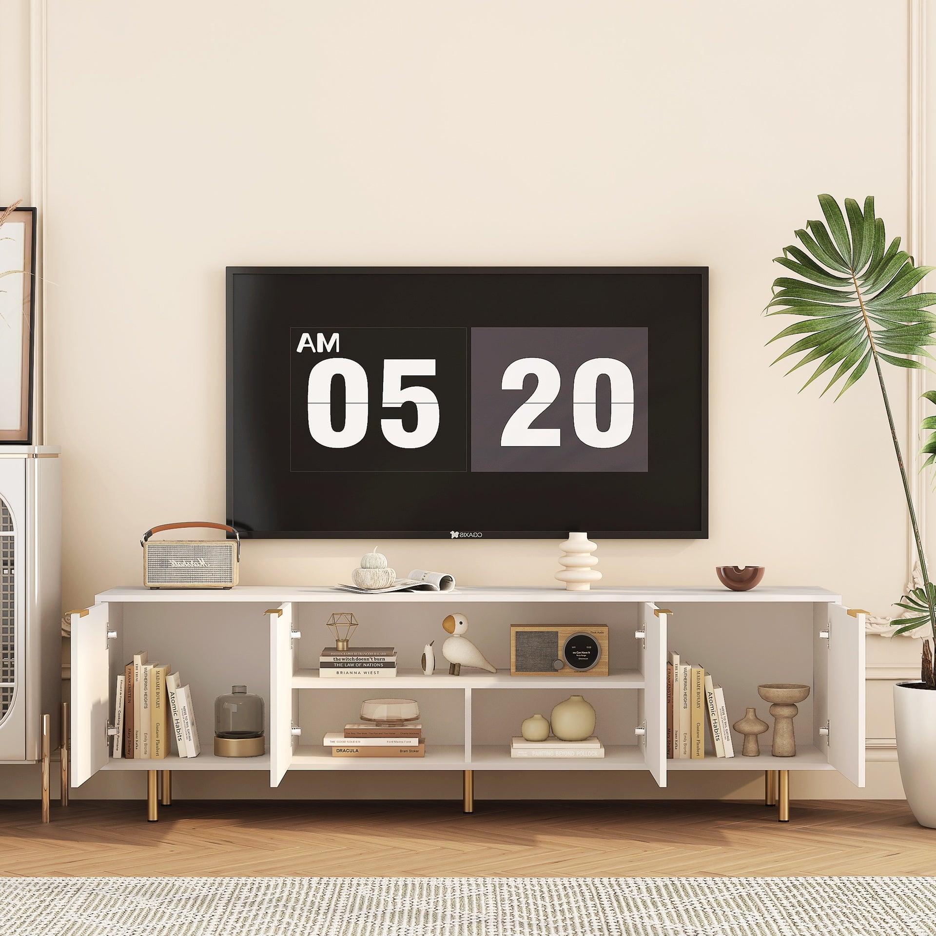 White Modern TV Stand Fluted 68" t, Entertainment Center with Storage Doors, TV Console Media Cabinet,  for 55+ Inch TV, Living Room