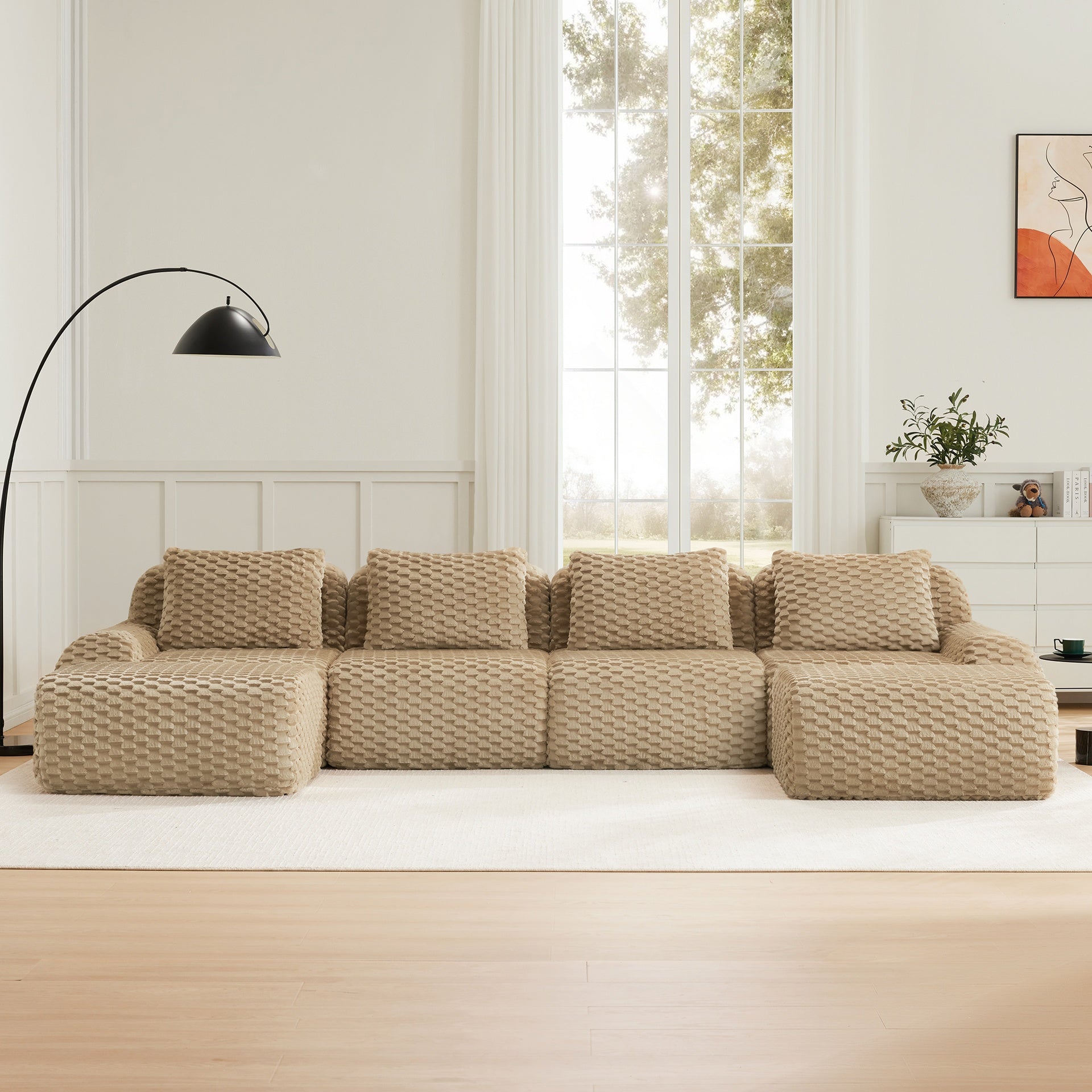 146" Modern U-Shaped Modular Sectional Sofa for Living Room,Flannelette Fabric,Oversized 4-Seater Couch,boneless sofa ,Movable Ottoman,Buckle connection,Anti-slip Design,No Assembly,Light Camel