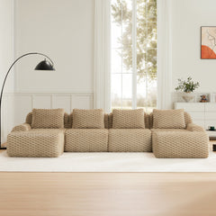 146" Modern U-Shaped Modular Sectional Sofa for Living Room,Flannelette Fabric,Oversized 4-Seater Couch,boneless sofa ,Movable Ottoman,Buckle connection,Anti-slip Design,No Assembly,Light Camel