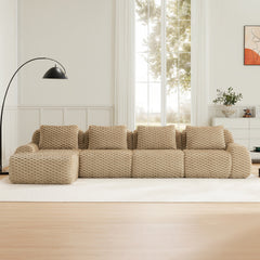 146" Modern L-Shaped Modular Sectional Sofa for Living Room,Flannelette Fabric,Oversized 4-Seater Couch,boneless sofa ,Movable Ottoman,Buckle connection,Anti-slip Design,No Assembly,Light Camel