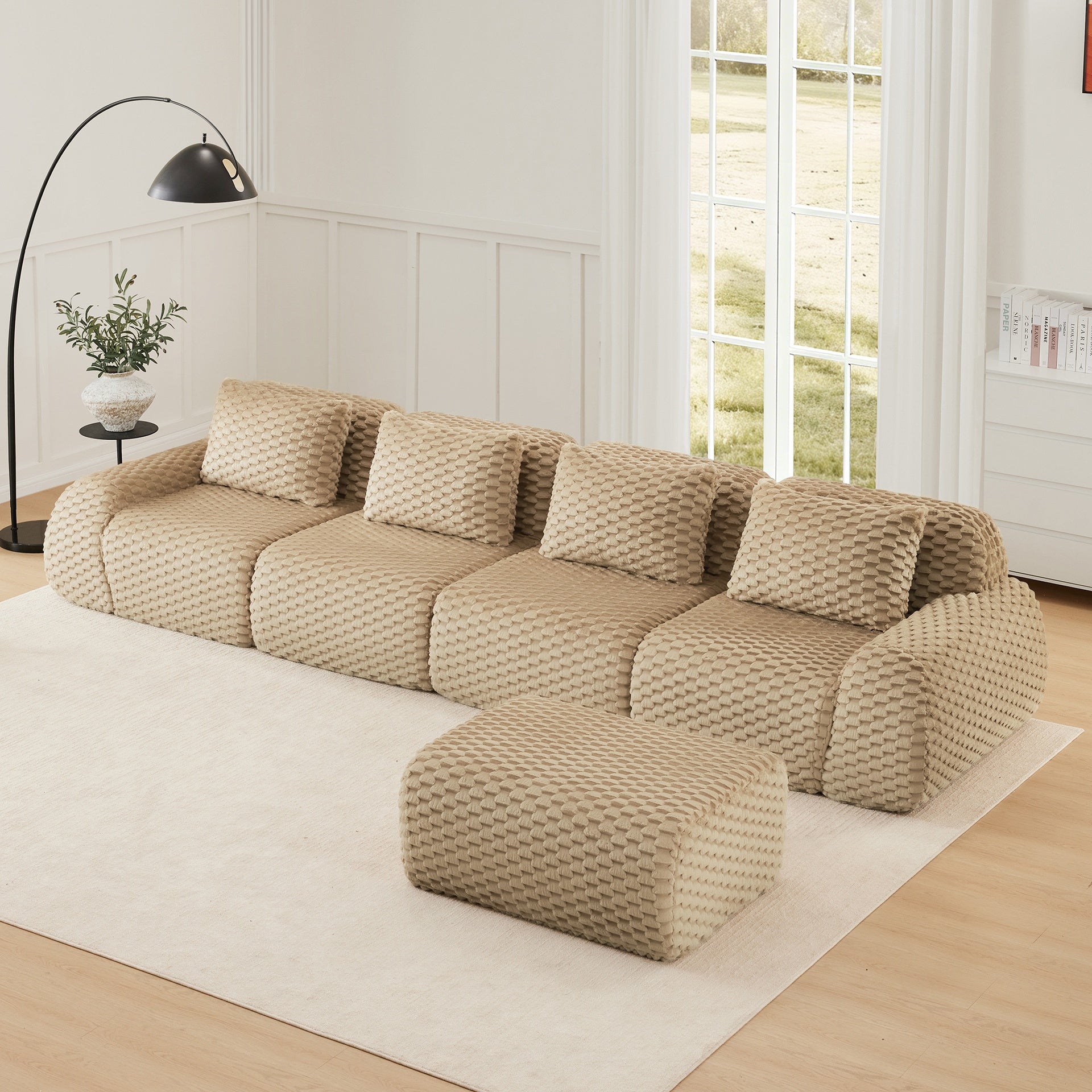146" Modern L-Shaped Modular Sectional Sofa for Living Room,Flannelette Fabric,Oversized 4-Seater Couch,boneless sofa ,Movable Ottoman,Buckle connection,Anti-slip Design,No Assembly,Light Camel