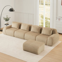 146" Modern L-Shaped Modular Sectional Sofa for Living Room,Flannelette Fabric,Oversized 4-Seater Couch,boneless sofa ,Movable Ottoman,Buckle connection,Anti-slip Design,No Assembly,Light Camel