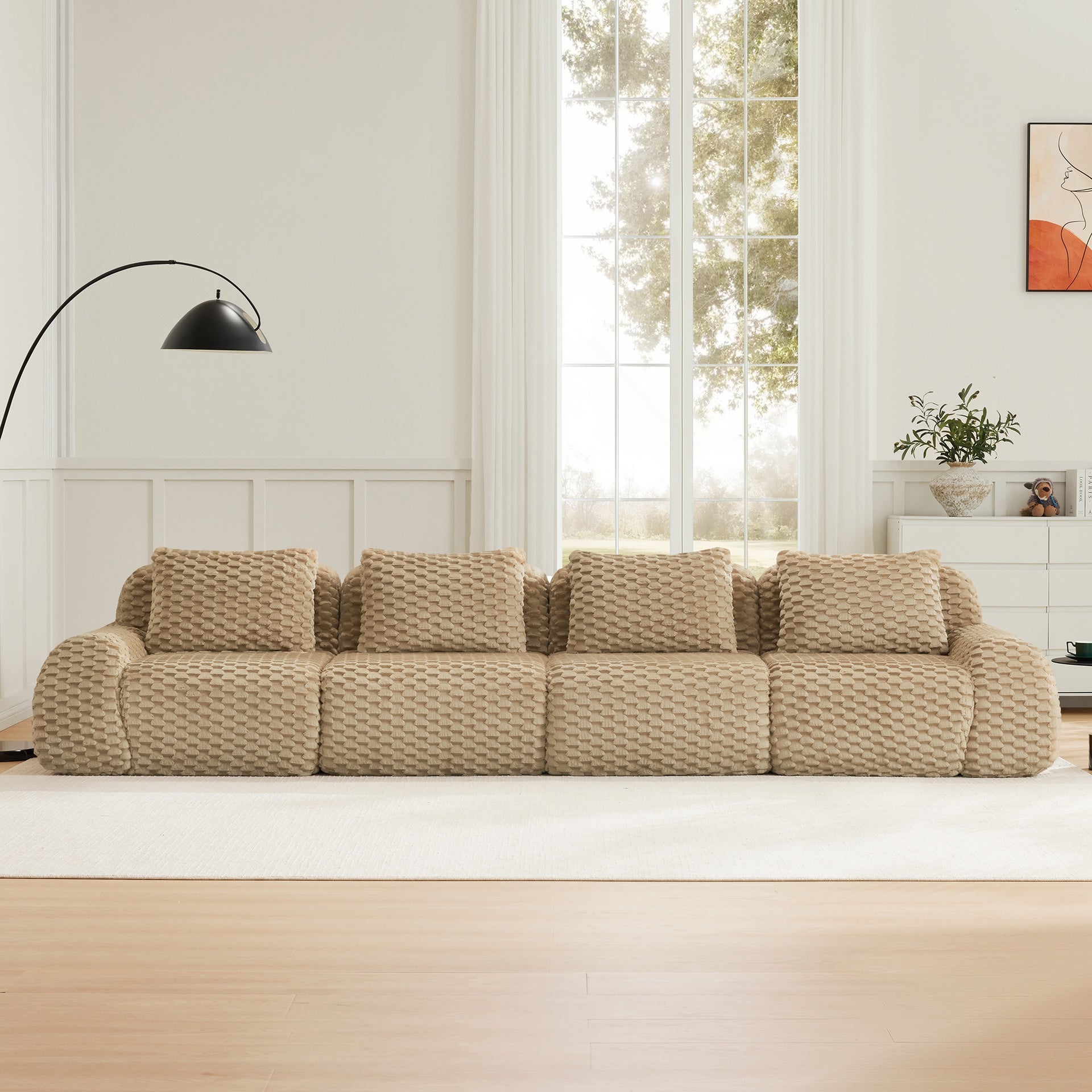 146" Modern Modular Sectional Sofa for Living Room,Flannelette Fabric,Oversized 4-Seater Couch,boneless sofa,Deep Seat,Buckle connection,Anti-slip Design,No Assembly,Light Camel