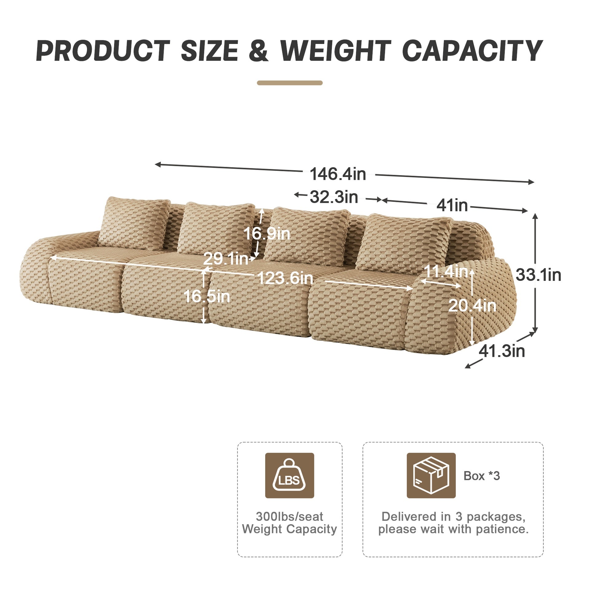 146" Modern Modular Sectional Sofa for Living Room,Flannelette Fabric,Oversized 4-Seater Couch,boneless sofa,Deep Seat,Buckle connection,Anti-slip Design,No Assembly,Light Camel