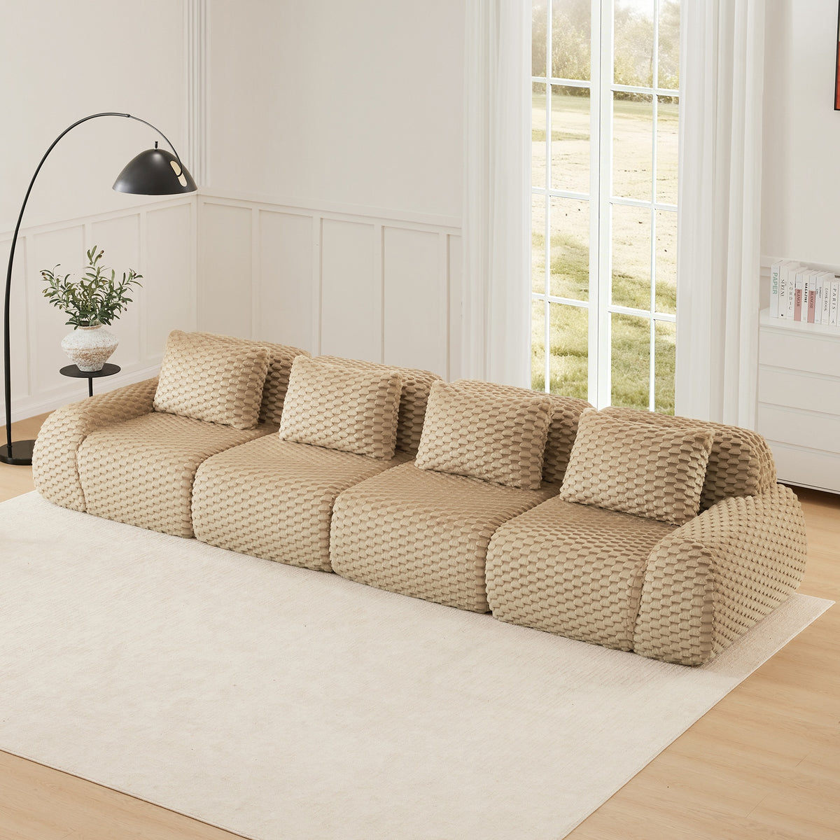 146" Modern Modular Sectional Sofa for Living Room,Flannelette Fabric,Oversized 4-Seater Couch,boneless sofa,Deep Seat,Buckle connection,Anti-slip Design,No Assembly,Light Camel
