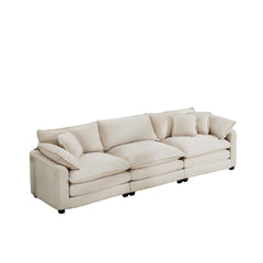 Mid-Century Modern Sofa 3-Seater Sectional Sofa with 2 Arm Pillows and 3 Throw Pillows, Light Beige Corduroy Fabric