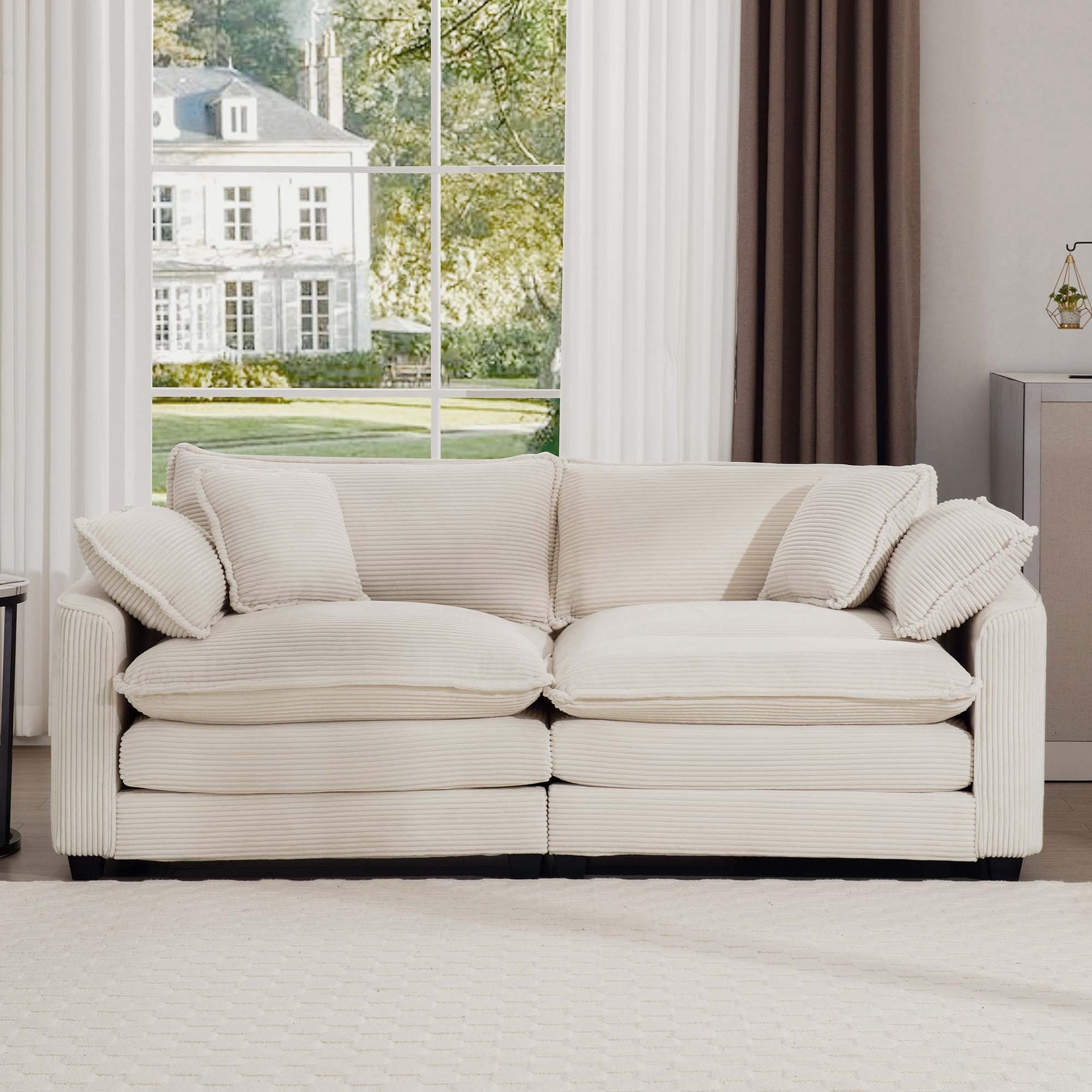 Modern Fabric Living Room Sofa 2 Seater Sofa with 4 Pillows ,Upholstered Large and Deep Seating 2-Seat Loveseat Sofa, Light Beige Corduroy