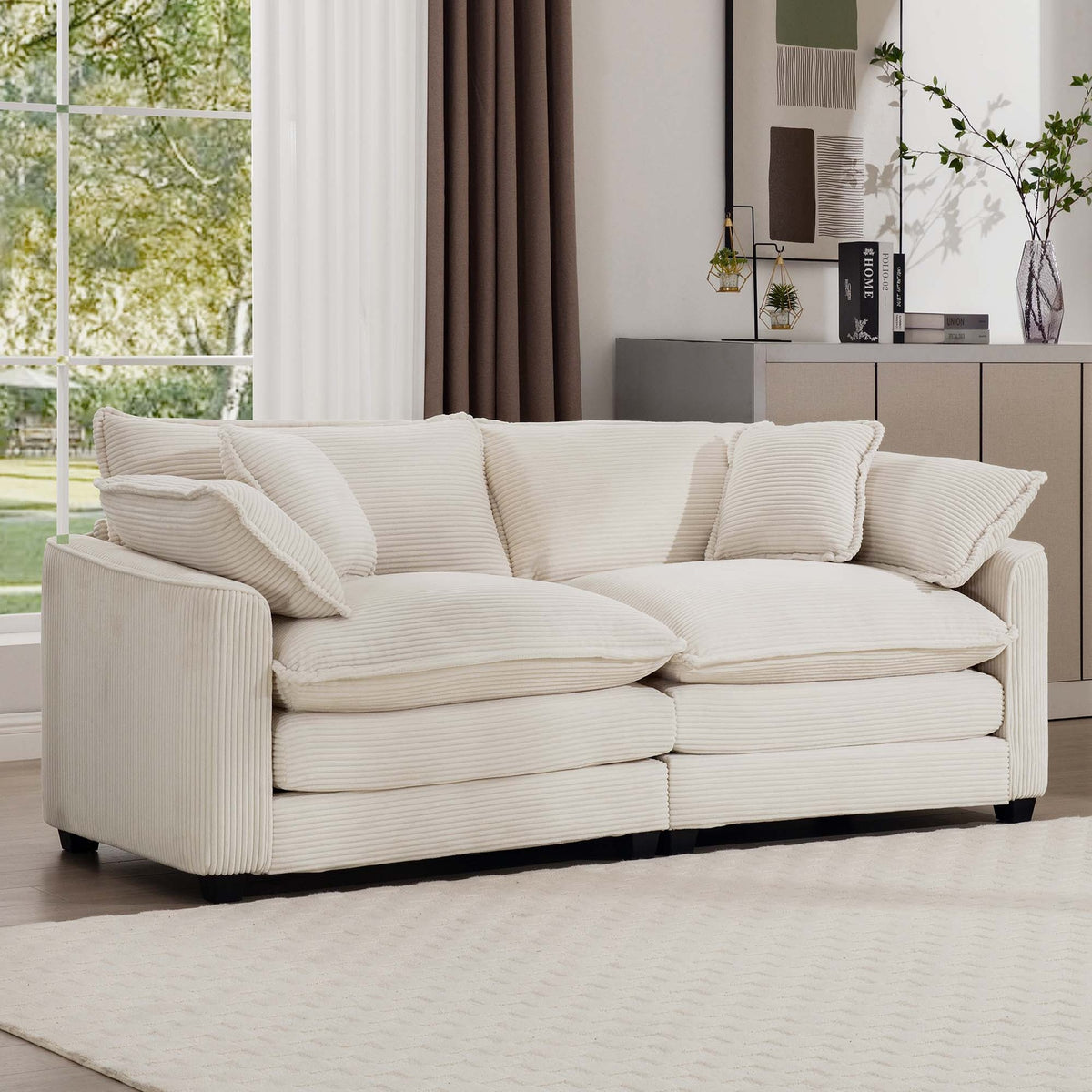 Modern Fabric Living Room Sofa 2 Seater Sofa with 4 Pillows ,Upholstered Large and Deep Seating 2-Seat Loveseat Sofa, Light Beige Corduroy