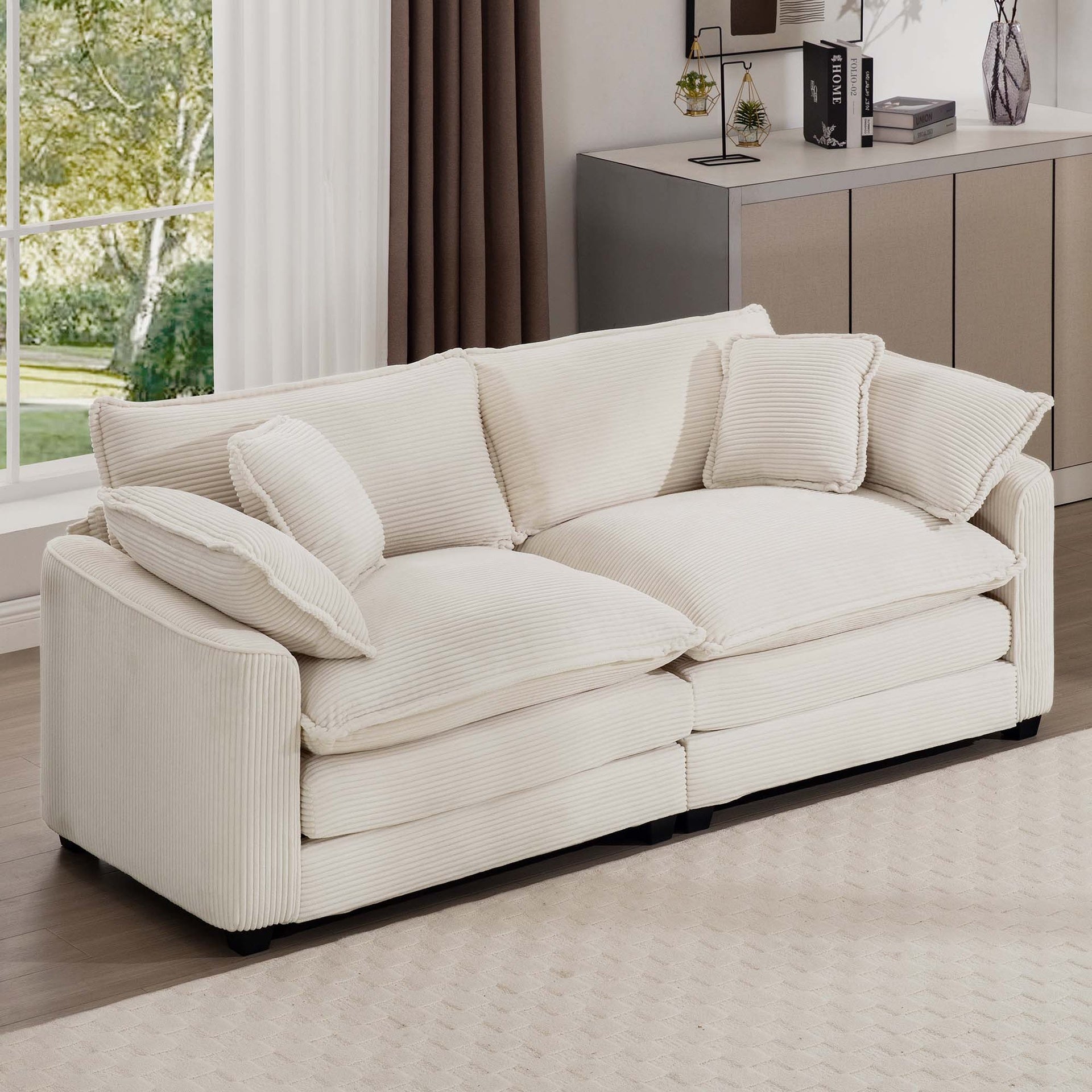 Modern Fabric Living Room Sofa 2 Seater Sofa with 4 Pillows ,Upholstered Large and Deep Seating 2-Seat Loveseat Sofa, Light Beige Corduroy