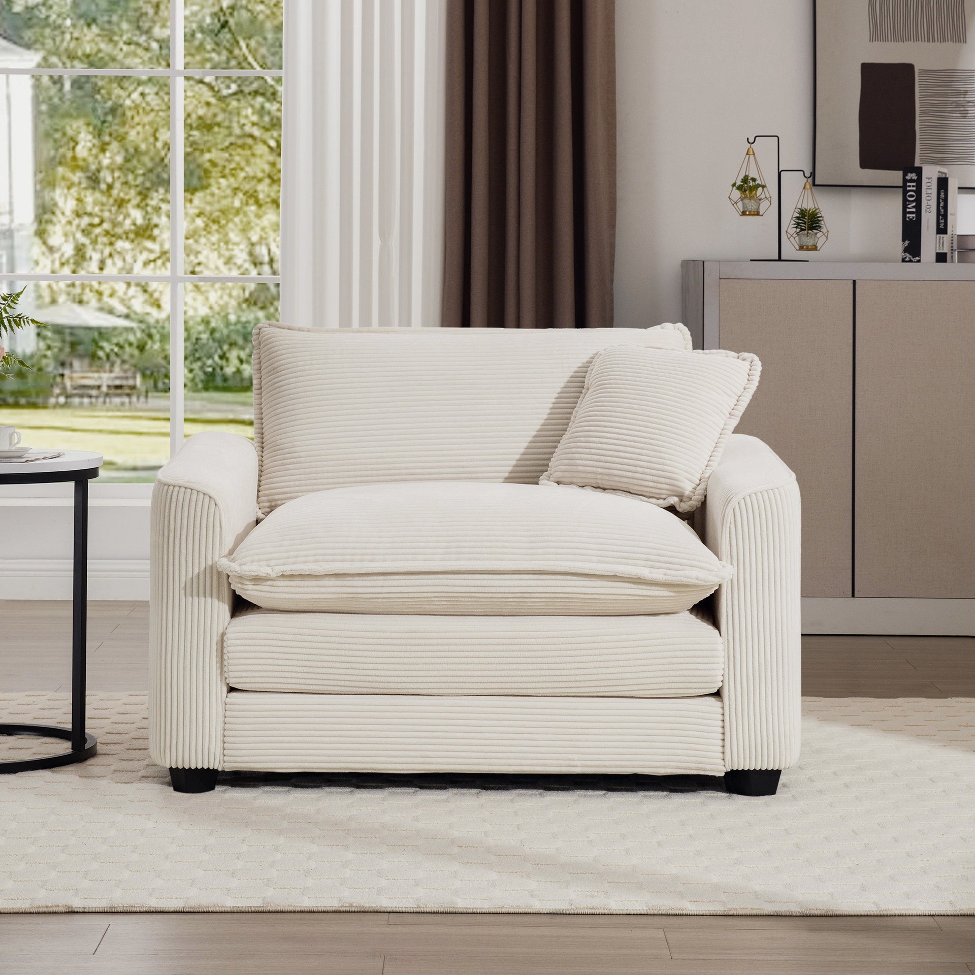 Light Beige Corduroy Fabric, Comfortable Single Accent Chair Deep Seat Sofa With One Pillow, Suitable for Living Room and Bedroom, Club Multiple Occasional Areas