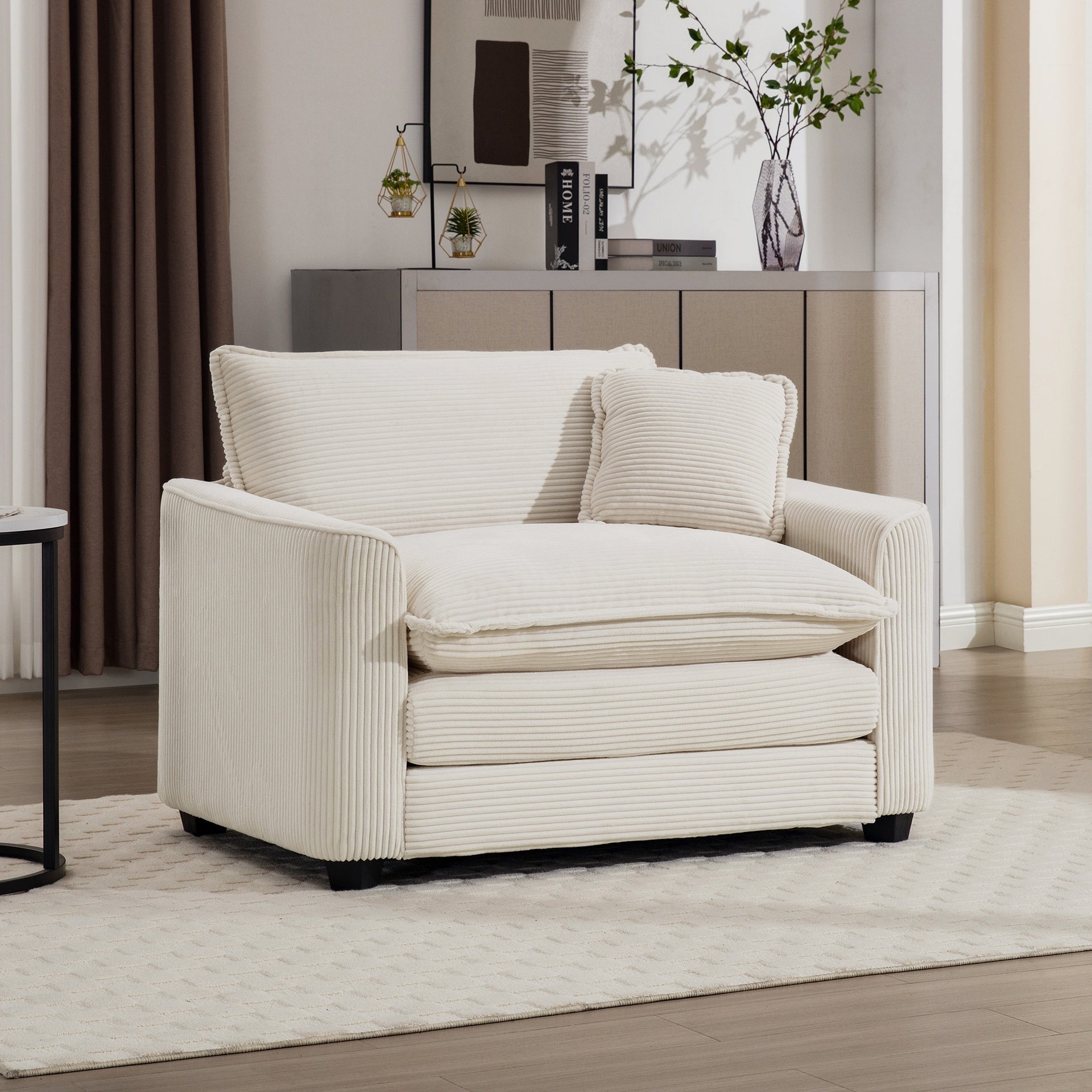 Light Beige Corduroy Fabric, Comfortable Single Accent Chair Deep Seat Sofa With One Pillow, Suitable for Living Room and Bedroom, Club Multiple Occasional Areas