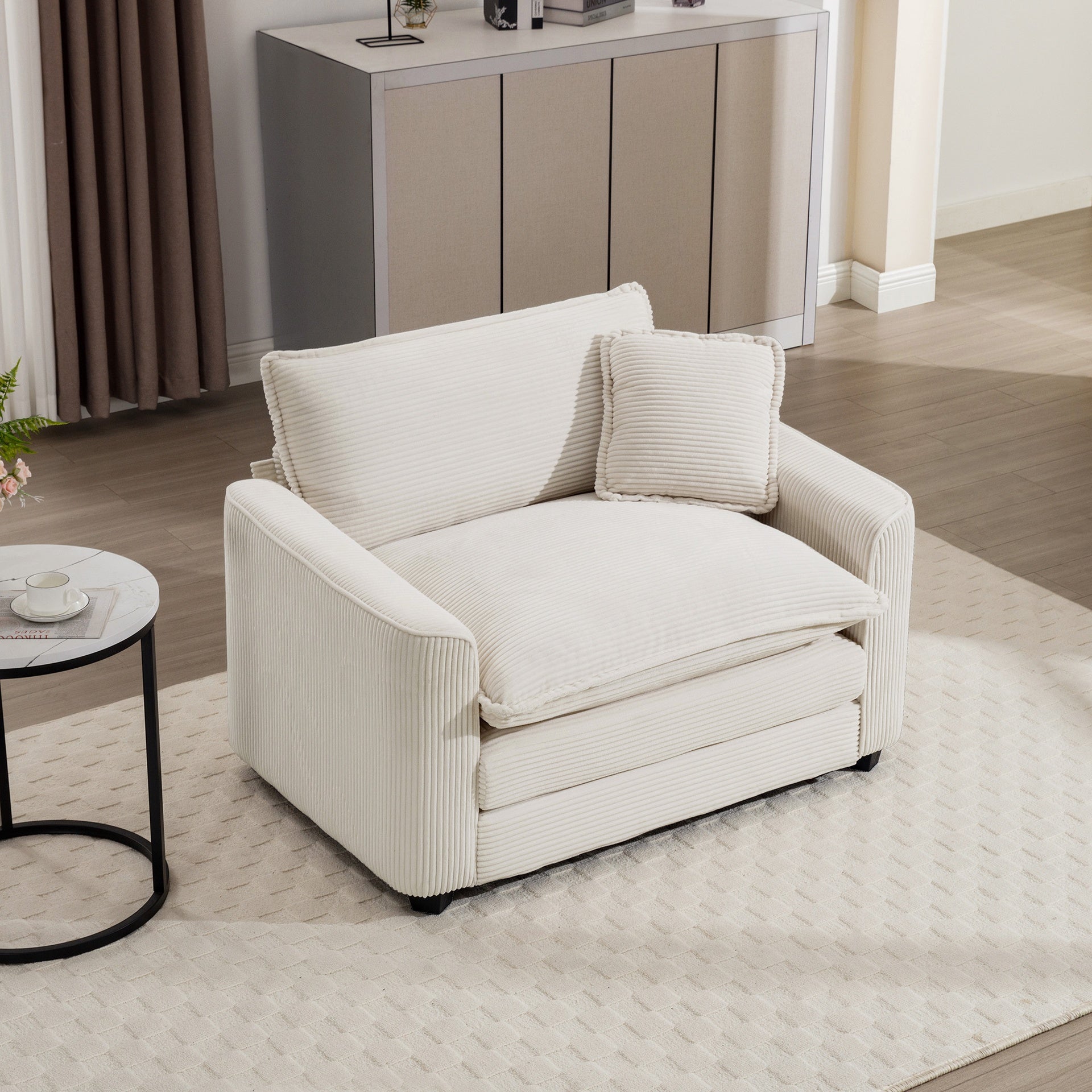 Light Beige Corduroy Fabric, Comfortable Single Accent Chair Deep Seat Sofa With One Pillow, Suitable for Living Room and Bedroom, Club Multiple Occasional Areas
