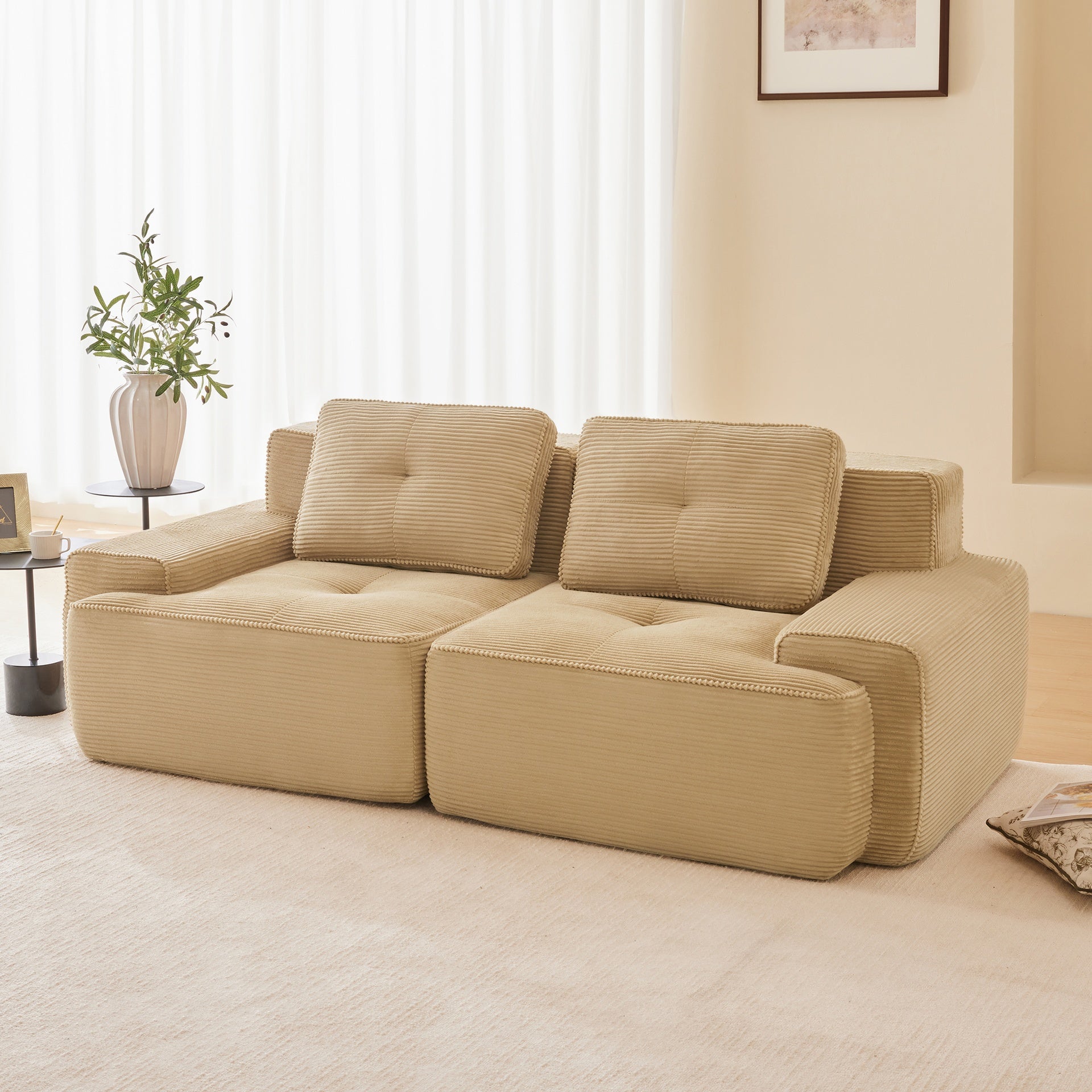 82" Modern L-Shaped Modular Sectional Sofa for Living Room, Corduroy Fabric, 2-Seater Couch with Deep Seat, Pearl-like piping, Tufted Design, No Assembly, Anti-slip Design, Camel