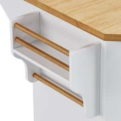 K&K 56 inch Kitchen Island with Rubber Wood Veneer Drop Leaf, Power Outlet, 4 Door Shelves, Embossed Vertical Stripe Rolling Kitchen Cart on 4 Wheels with 6 Deep Drawers for Kitchen, Dining Room,White
