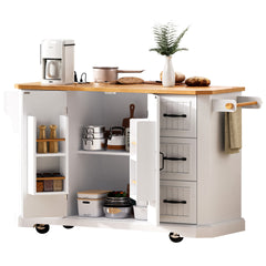 K&K 56 inch Kitchen Island with Rubber Wood Veneer Drop Leaf, Power Outlet, 4 Door Shelves, Embossed Vertical Stripe Rolling Kitchen Cart on 4 Wheels with 6 Deep Drawers for Kitchen, Dining Room,White