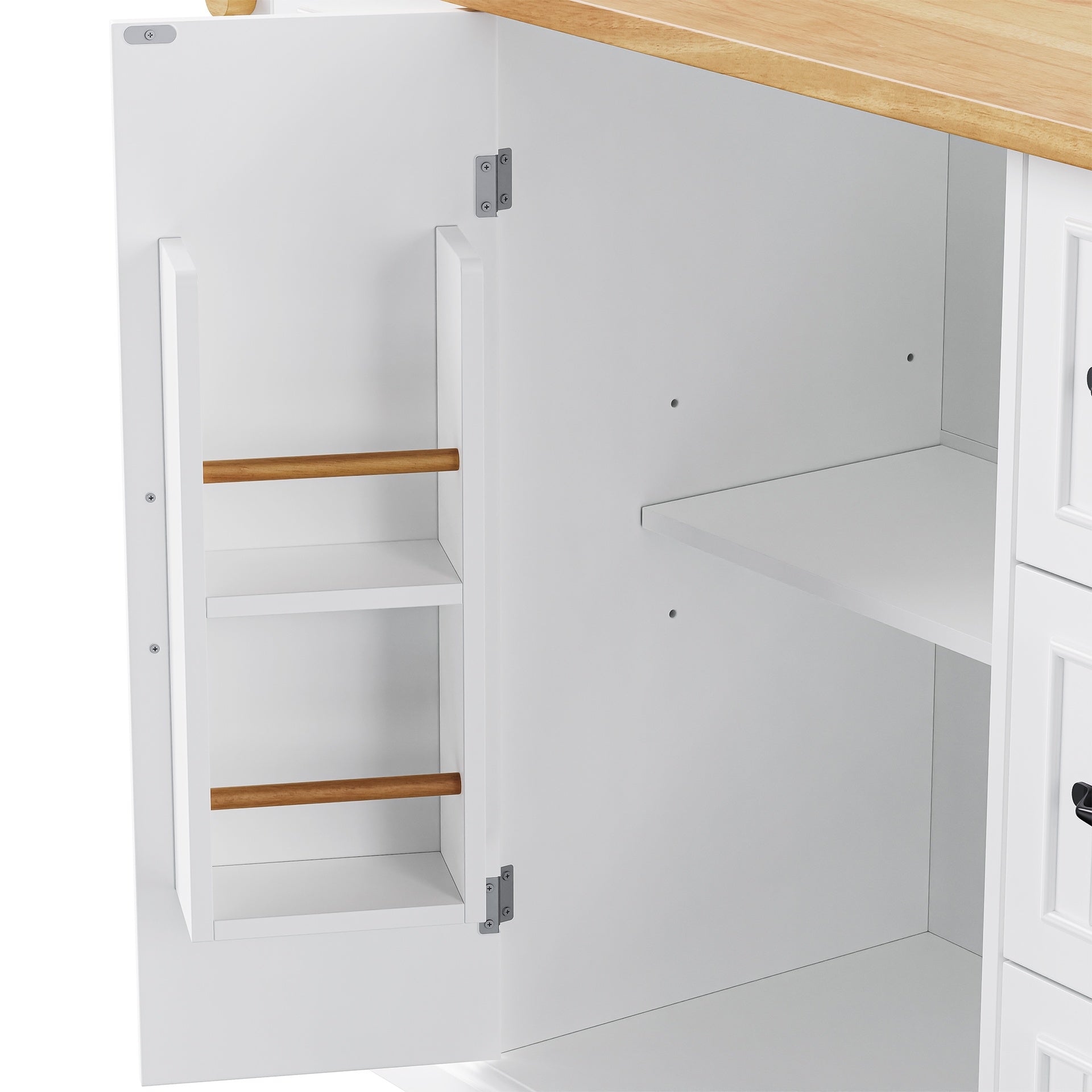 K&K 56 inch Kitchen Island with Rubber Wood Veneer Drop Leaf, Power Outlet, 4 Door Shelves, Embossed Vertical Stripe Rolling Kitchen Cart on 4 Wheels with 6 Deep Drawers for Kitchen, Dining Room,White