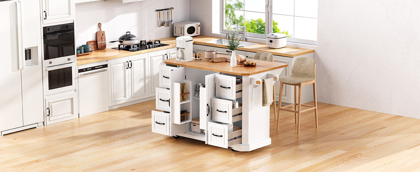 K&K 56 inch Kitchen Island with Rubber Wood Veneer Drop Leaf, Power Outlet, 4 Door Shelves, Embossed Vertical Stripe Rolling Kitchen Cart on 4 Wheels with 6 Deep Drawers for Kitchen, Dining Room,White