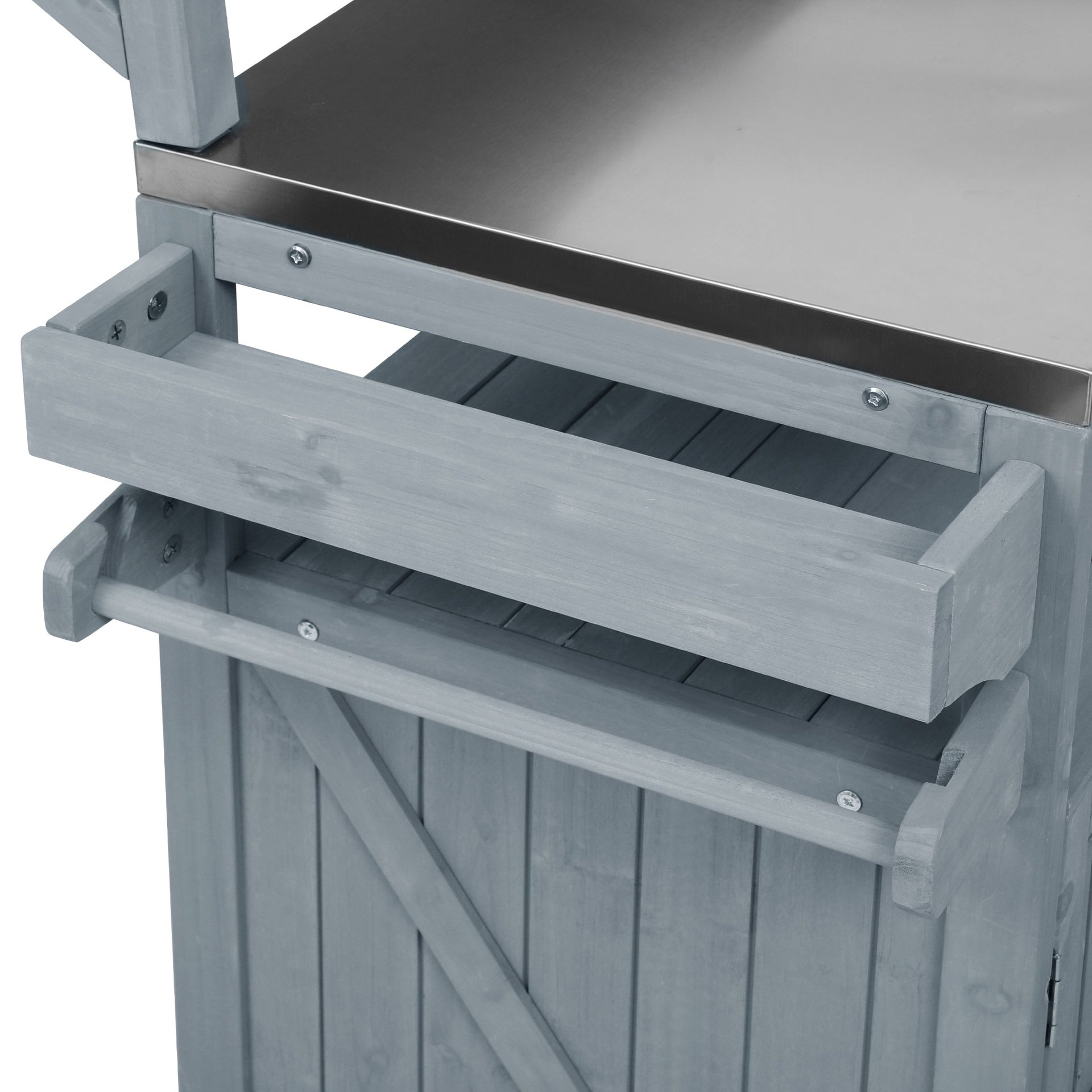 K&K 53.3" Outdoor Kitchen Island with Raised Shelf, Solid Wood Storage Cabinet with Stainless Steel Top, Outdoor Rolling Grill Cart with Internal Storage Rack, Adjustable Shelf, Spice Rack, Grey Blue
