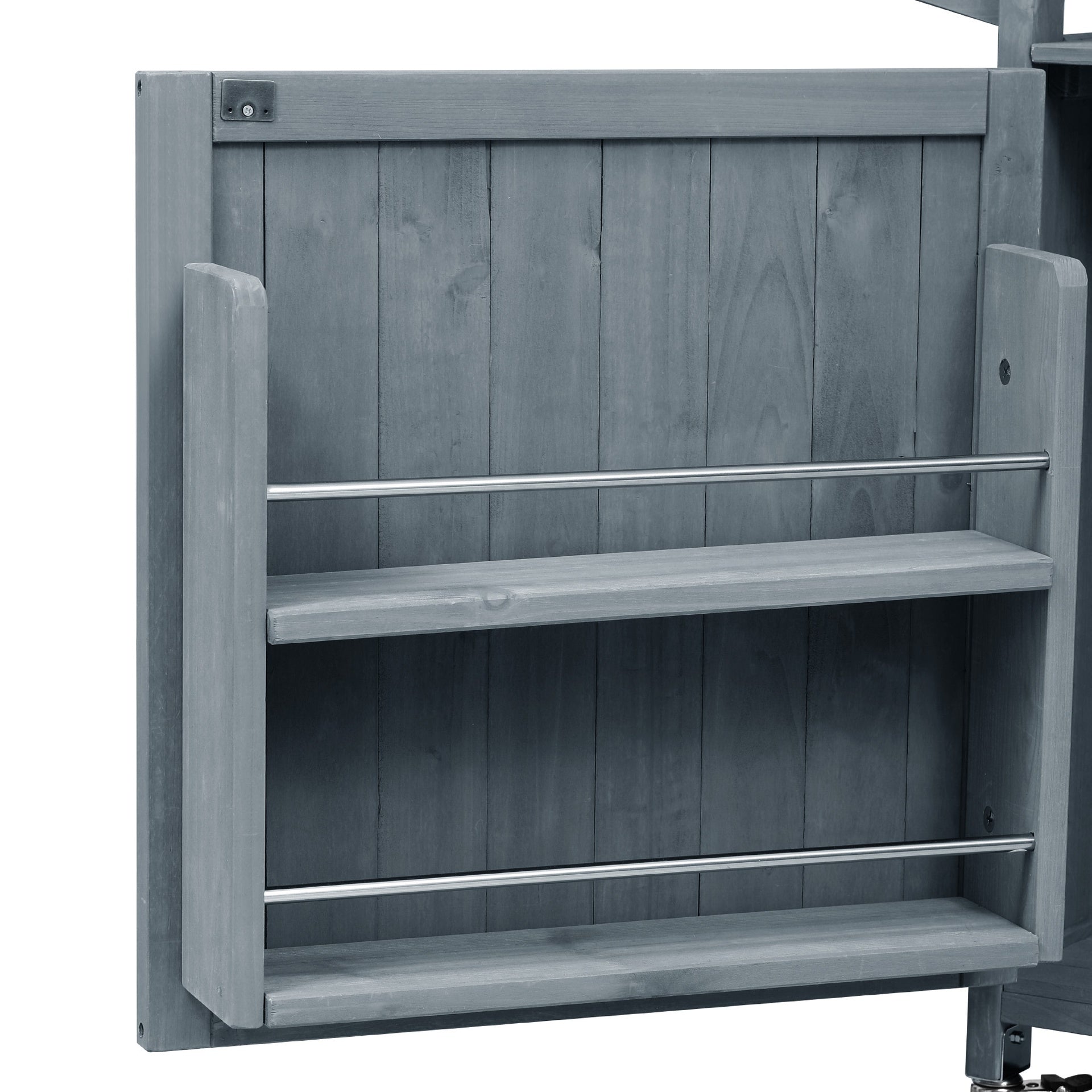 K&K 53.3" Outdoor Kitchen Island with Raised Shelf, Solid Wood Storage Cabinet with Stainless Steel Top, Outdoor Rolling Grill Cart with Internal Storage Rack, Adjustable Shelf, Spice Rack, Grey Blue