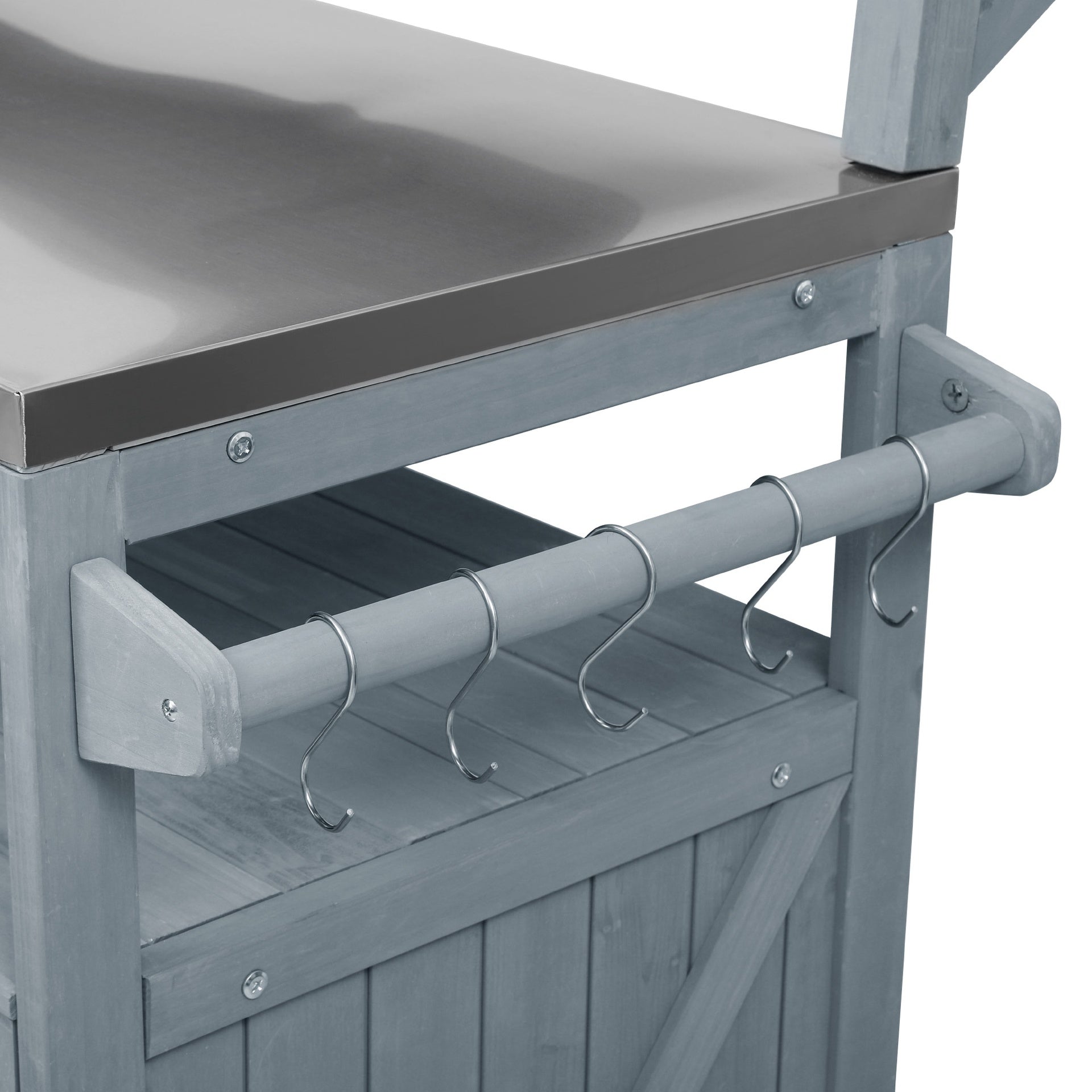K&K 53.3" Outdoor Kitchen Island with Raised Shelf, Solid Wood Storage Cabinet with Stainless Steel Top, Outdoor Rolling Grill Cart with Internal Storage Rack, Adjustable Shelf, Spice Rack, Grey Blue