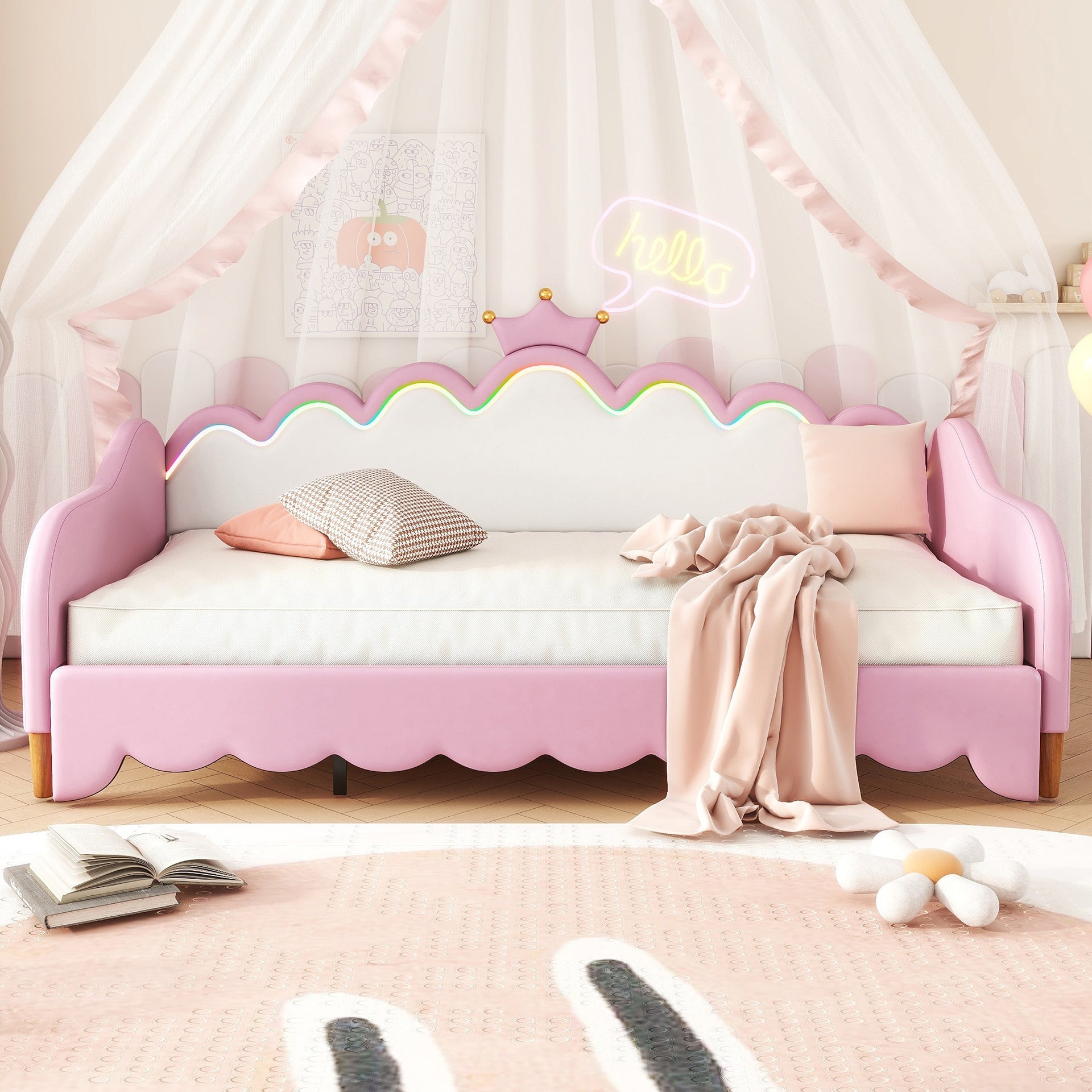 Twin Extending Daybed with LED Lights, Modern Upholstered Princess Daybed With Crown Headboard,Pink