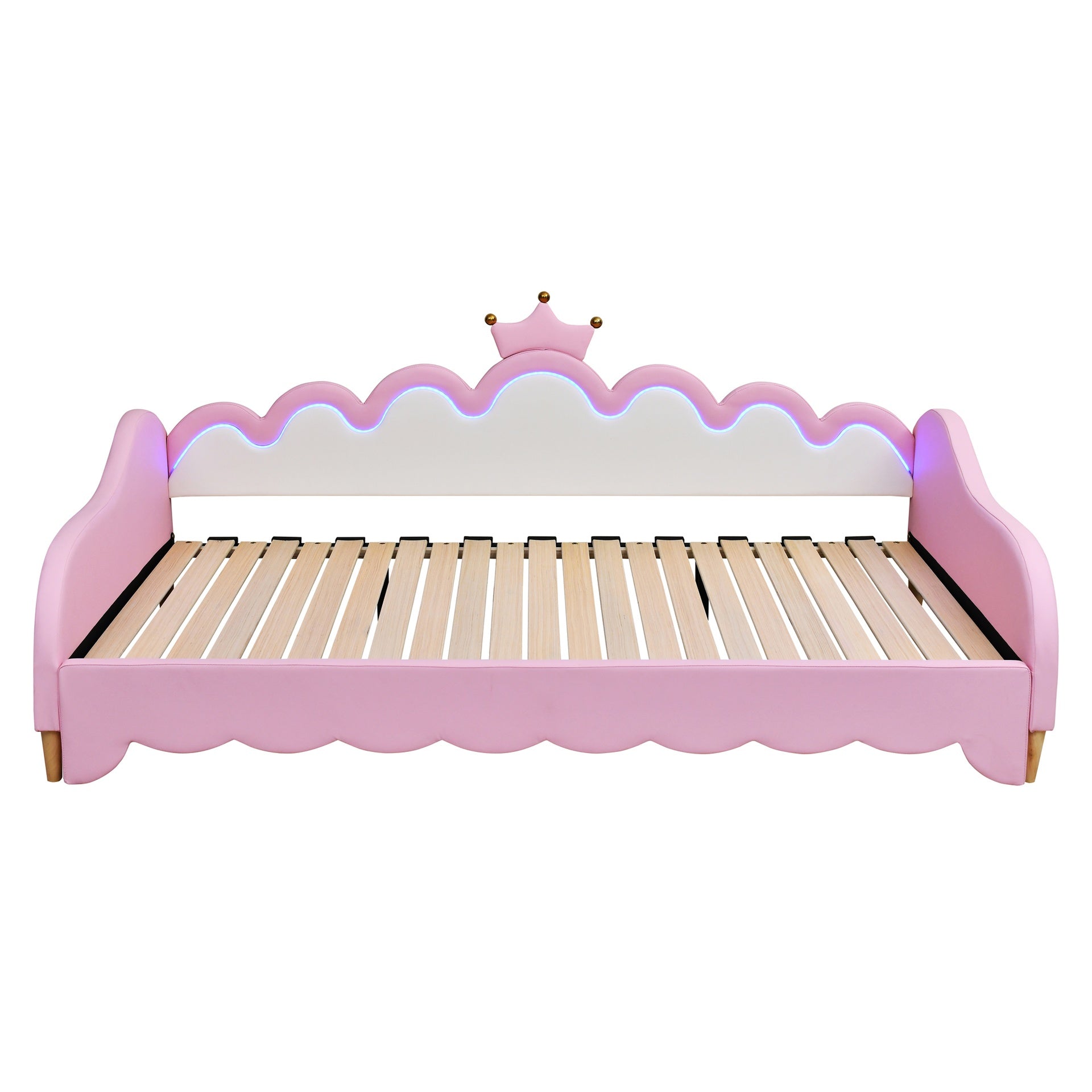 Twin Extending Daybed with LED Lights, Modern Upholstered Princess Daybed With Crown Headboard,Pink