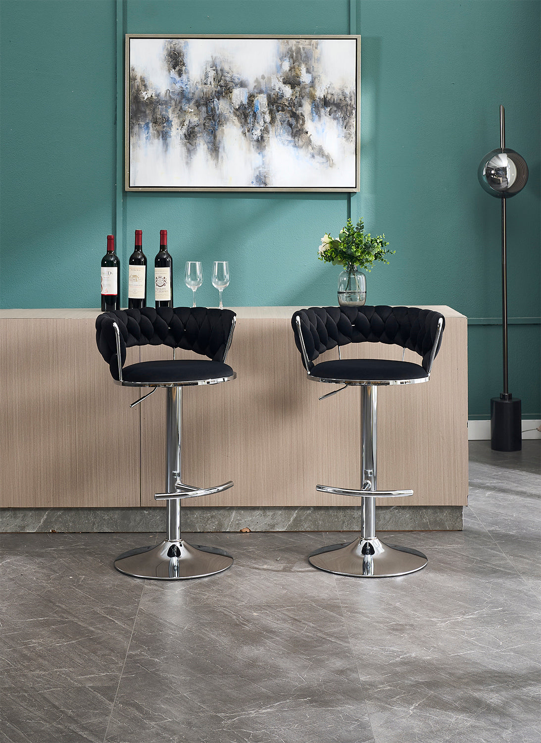 Set of 2 Bar Stools,with Chrome Footrest and Base Swivel Height Adjustable Mechanical Lifting Velvet + Chrome  Leg Simple Bar Stool-BLACK
