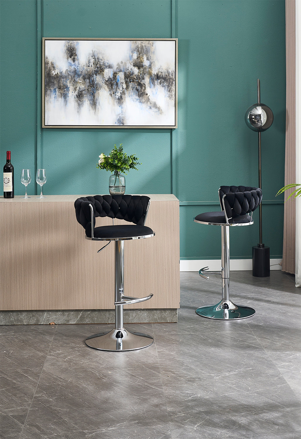 Set of 2 Bar Stools,with Chrome Footrest and Base Swivel Height Adjustable Mechanical Lifting Velvet + Chrome  Leg Simple Bar Stool-BLACK