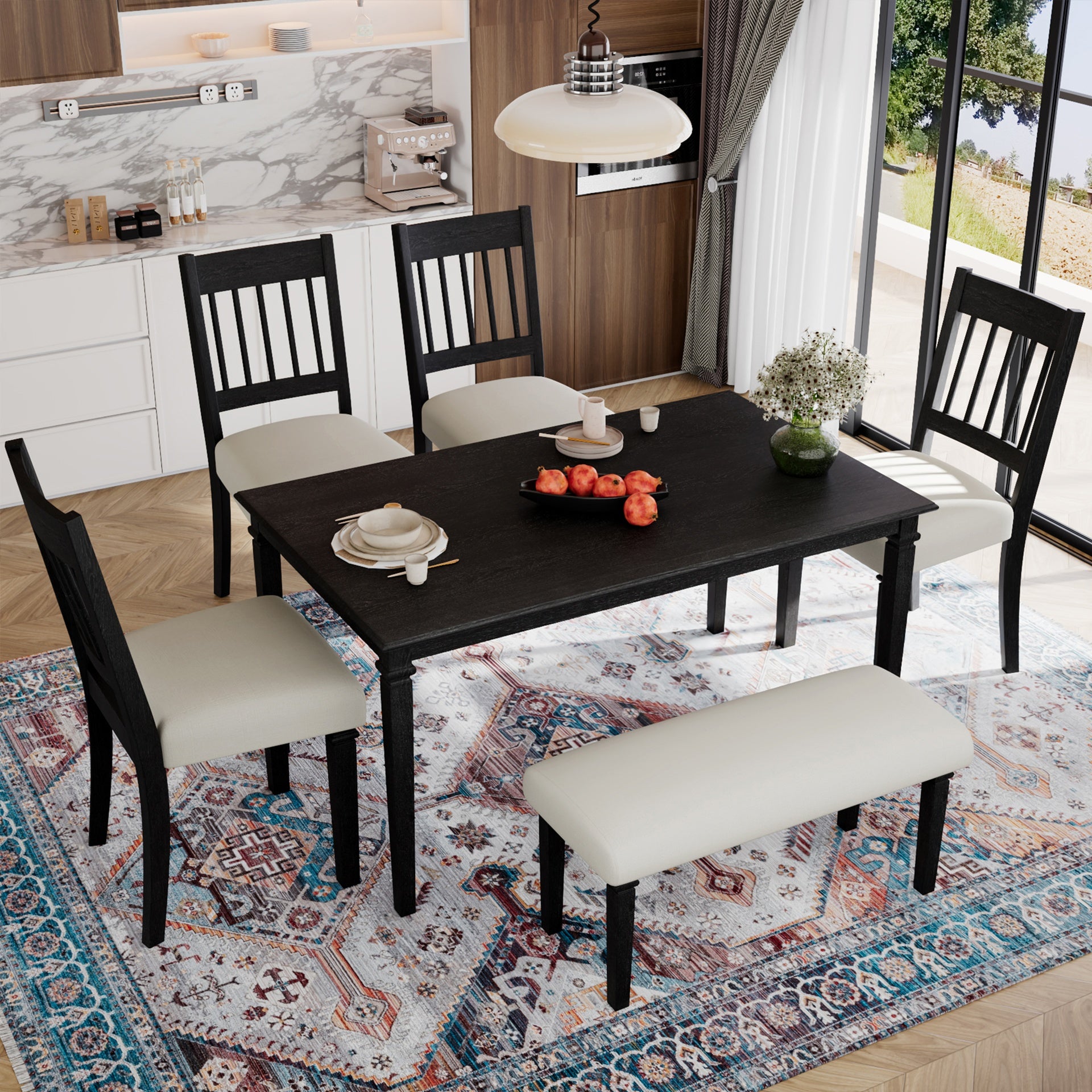 6-Piece Retro Dining Room Set, Classic Kitchen Furniture Set, Wooden Rectangular Table and 4 Chairs with Bench for kitchen & Dining Room, Easy Assembly, Space Saving, DOVETAIL GREY