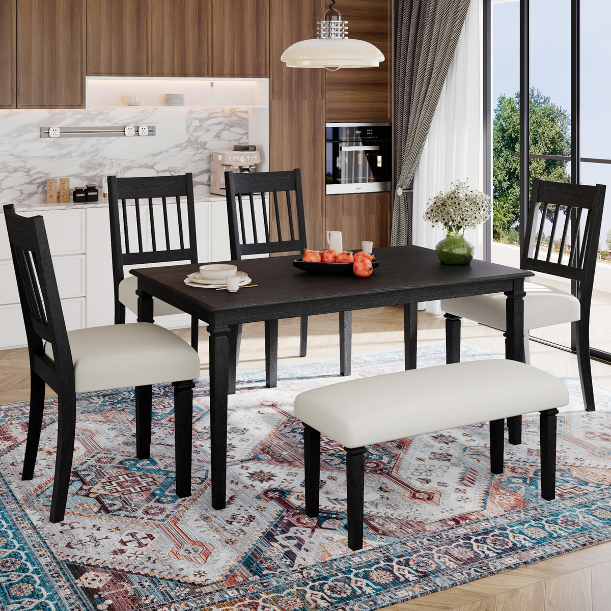 6-Piece Retro Dining Room Set, Classic Kitchen Furniture Set, Wooden Rectangular Table and 4 Chairs with Bench for kitchen & Dining Room, Easy Assembly, Space Saving, DOVETAIL GREY