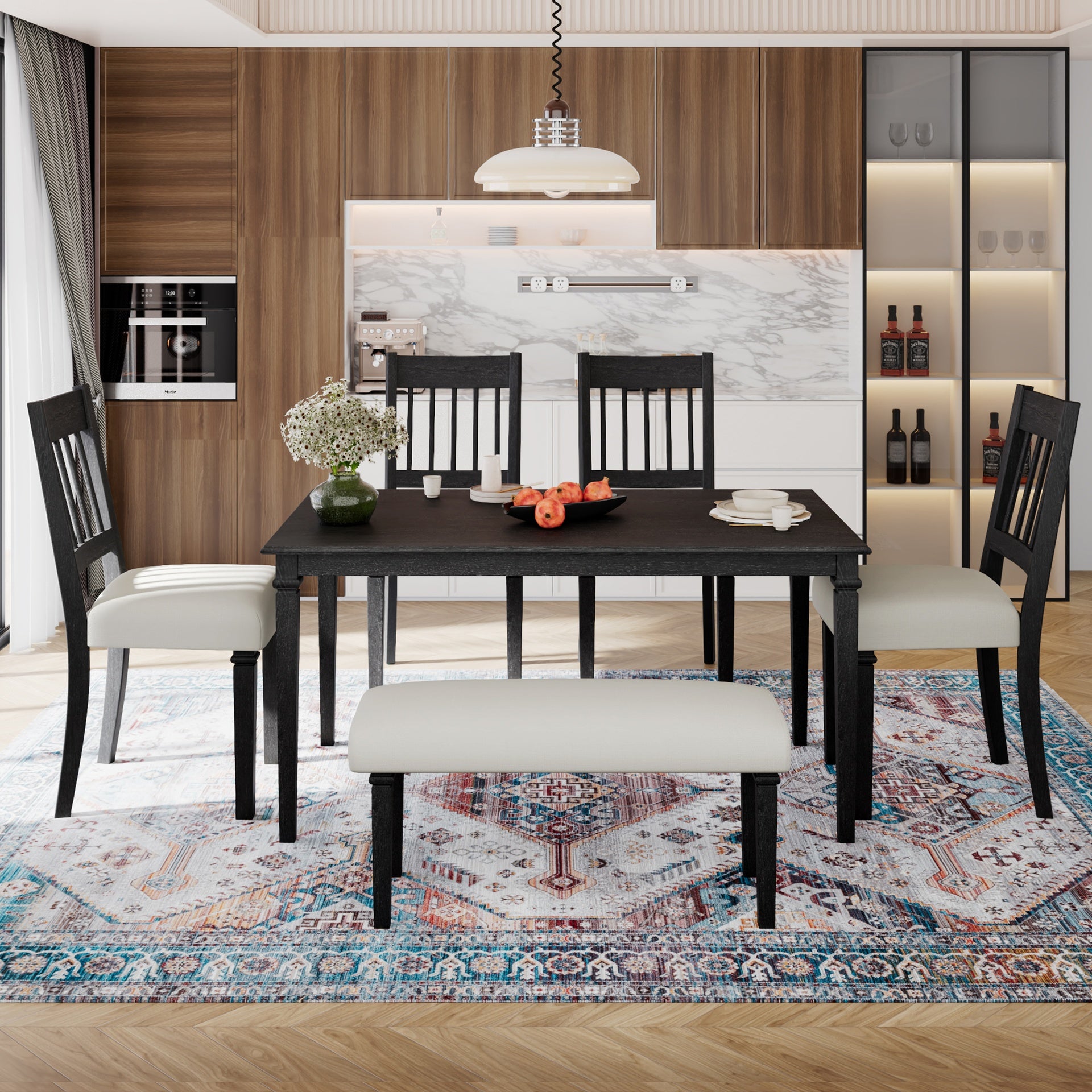 6-Piece Retro Dining Room Set, Classic Kitchen Furniture Set, Wooden Rectangular Table and 4 Chairs with Bench for kitchen & Dining Room, Easy Assembly, Space Saving, DOVETAIL GREY