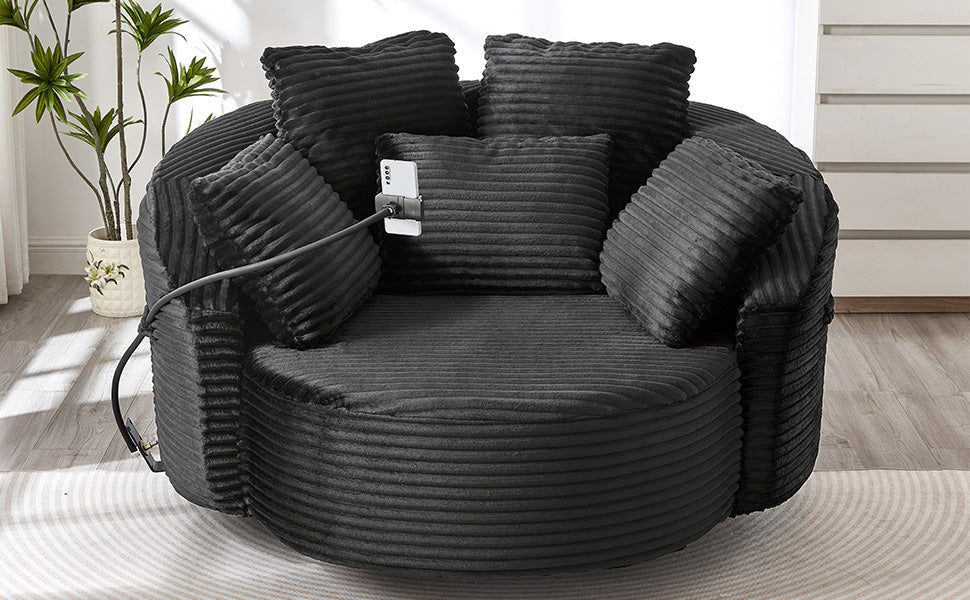 360° Swivel Chair Accent Barrel Chair Corduroy Round Sofa Chair with 5 Throw Pillows and an Adjustable Phone Holder for Living Room, Bedroom, Office and Hotel, Black