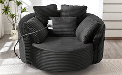 360° Swivel Chair Accent Barrel Chair Corduroy Round Sofa Chair with 5 Throw Pillows and an Adjustable Phone Holder for Living Room, Bedroom, Office and Hotel, Black