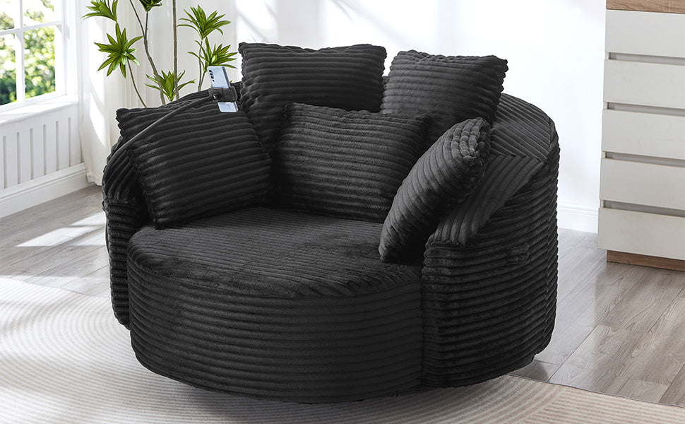 360° Swivel Chair Accent Barrel Chair Corduroy Round Sofa Chair with 5 Throw Pillows and an Adjustable Phone Holder for Living Room, Bedroom, Office and Hotel, Black