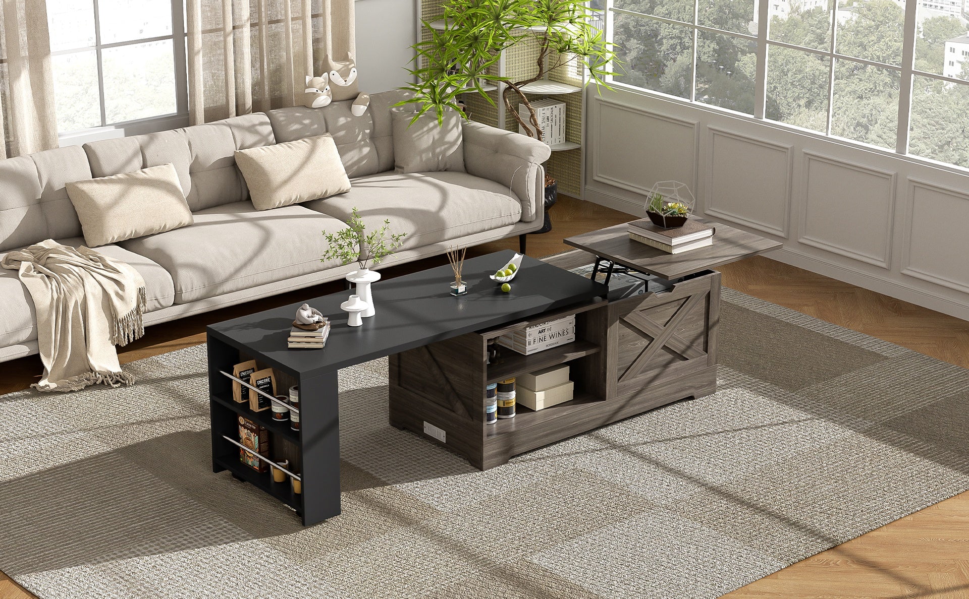 U-Can Farmhouse  Lift Top Coffee Table With Barn Doors, Wood Rectangle Center Table With Large Hidden Storage Space And Open Cabinet, For Living Room, Bedroom, Home Office