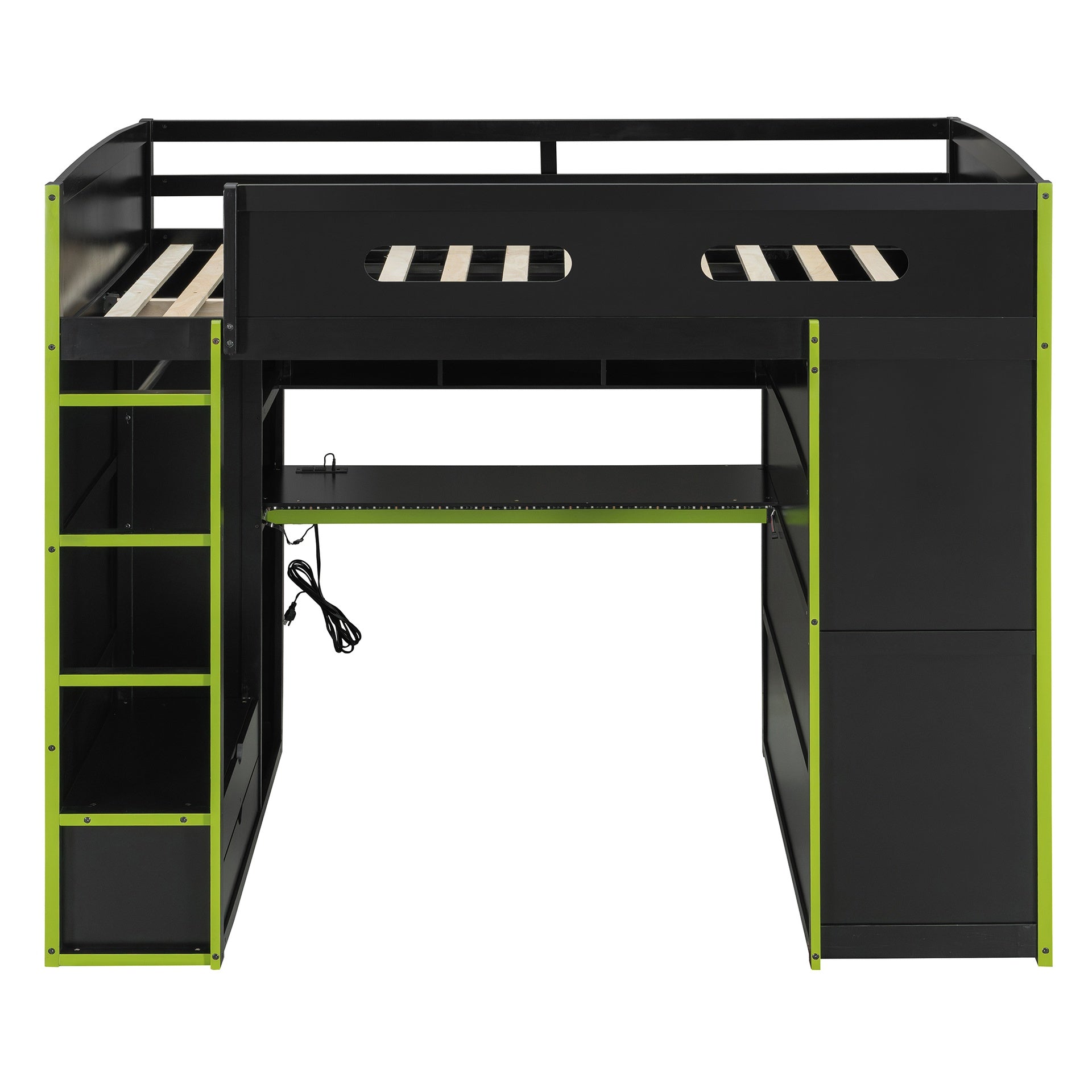 Full Size Wood Loft Bed with Desk,Wardrobe,Ample Storage Space,and RGB Light, Green(OLD SKU:LT000261AAG)