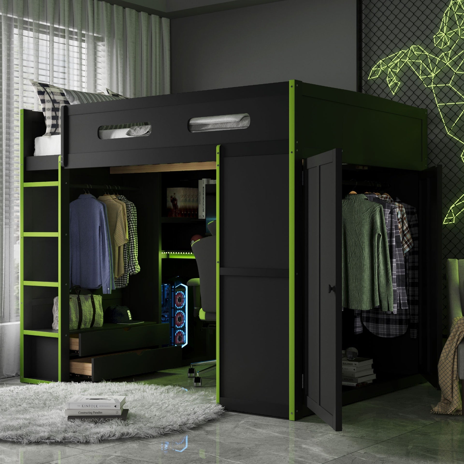 Full Size Wood Loft Bed with Desk,Wardrobe,Ample Storage Space,and RGB Light, Green(OLD SKU:LT000261AAG)