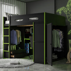 Full Size Wood Loft Bed with Desk,Wardrobe,Ample Storage Space,and RGB Light, Green(OLD SKU:LT000261AAG)