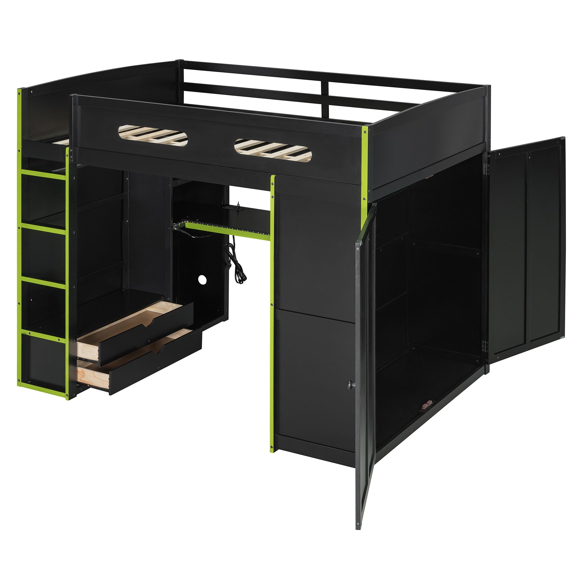 Full Size Wood Loft Bed with Desk,Wardrobe,Ample Storage Space,and RGB Light, Green(OLD SKU:LT000261AAG)