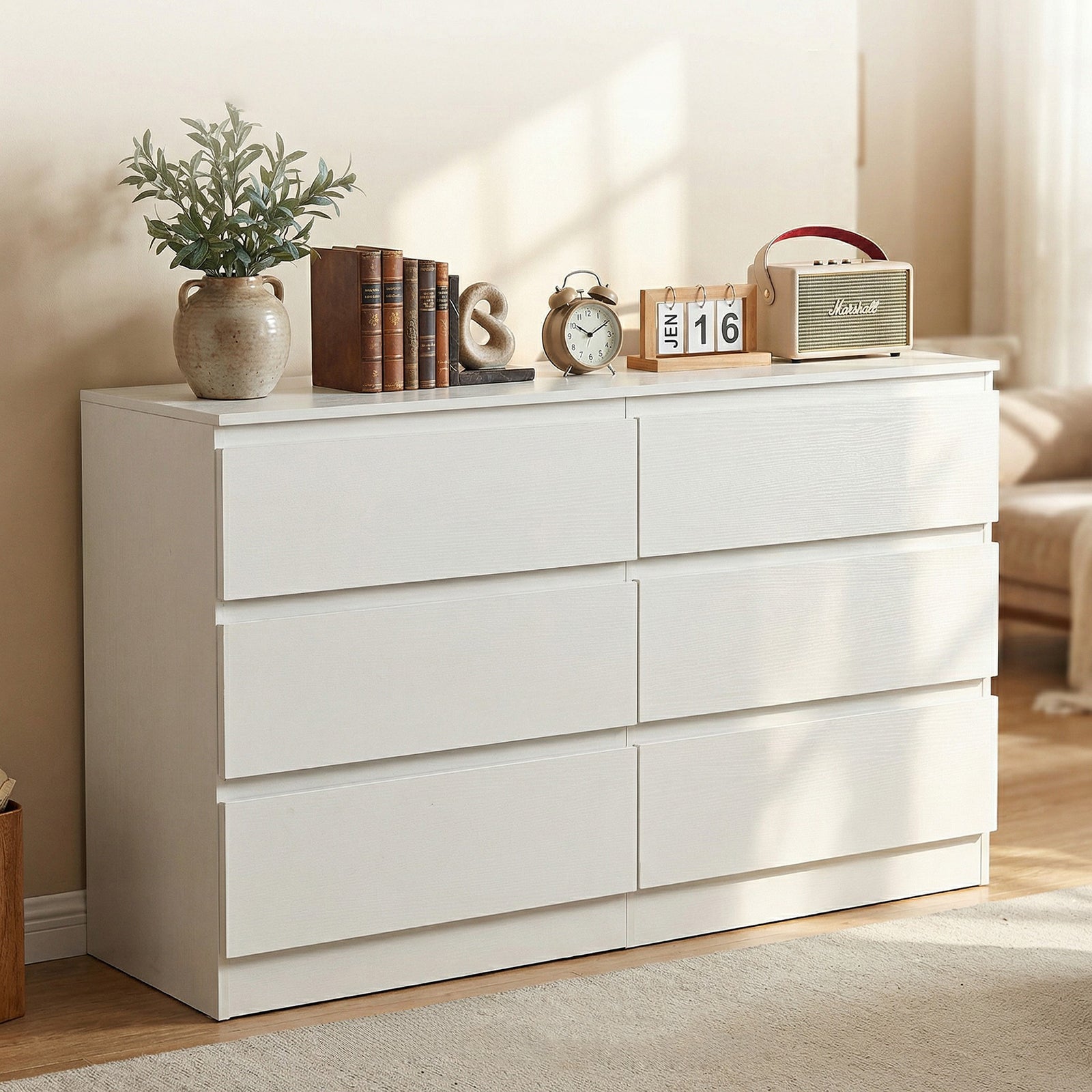6 Drawer White Dresser, Modern Dresser for Bedroom with Spacious Countertop, Wood Storage Cabinet with Concealed Handles & 6 Deep Drawers for Bedroom, Living Room, Entryway, 15.7" D x 47.2" W x 30.9"
