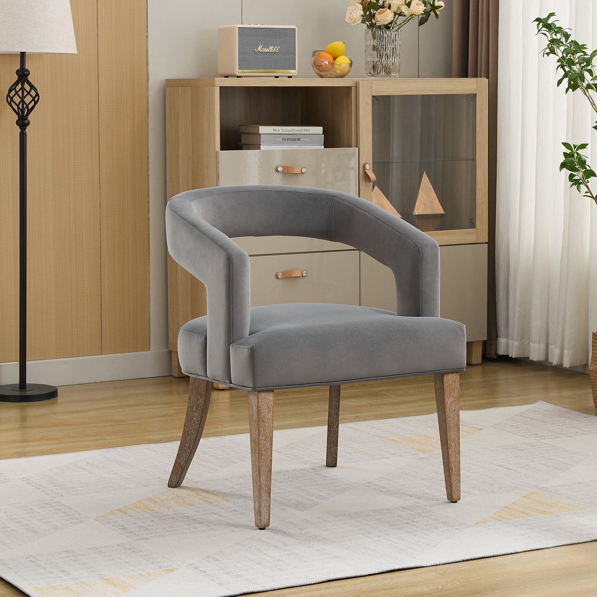 25.79" Wide Modern Barrel Open Back Upholstered Accent Chair with Weathered Solid Wood Legs Dining Chairs for Dining Room, Club, Kitchen and Living Room. Gray Velvet