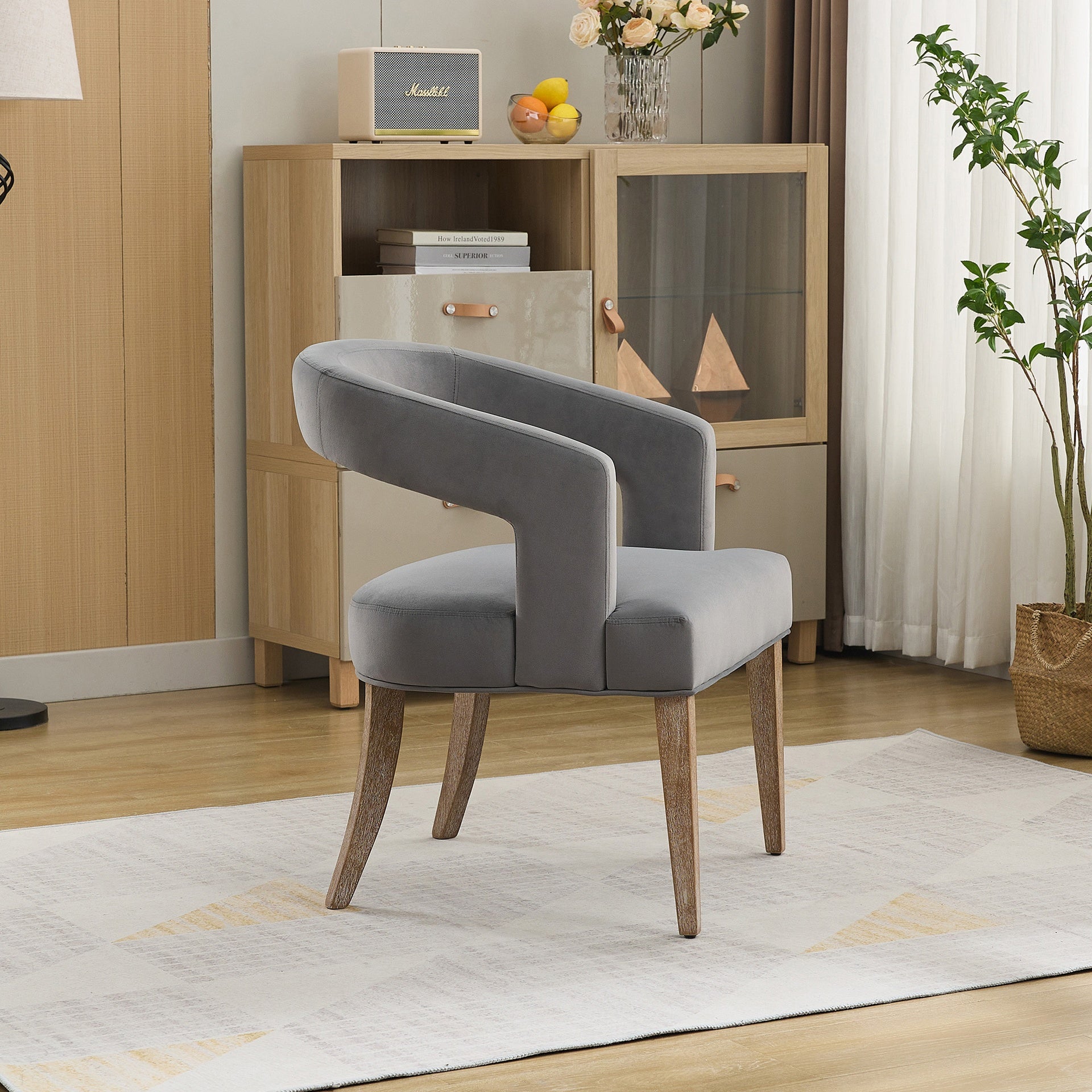 25.79" Wide Modern Barrel Open Back Upholstered Accent Chair with Weathered Solid Wood Legs Dining Chairs for Dining Room, Club, Kitchen and Living Room. Gray Velvet