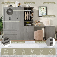Multifunctional Wardrobe with 2 Doors and Hanging Rod, Wooden clothes closet with Convertible Desk and Storage Drawers, Multi-storage Spaces, for Bedroom, Cloak Room, Laundry, Gray